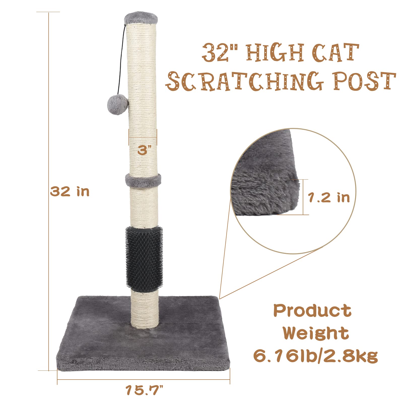 Anwa Tall Cat Scratching Posts For Indoor Cats And Kittens, 32?Vertical Scratching Post With Reinforced Base, Premium Sisal Cat Scratching Post With Dangling Plush Ball And Self-Grooming Brush