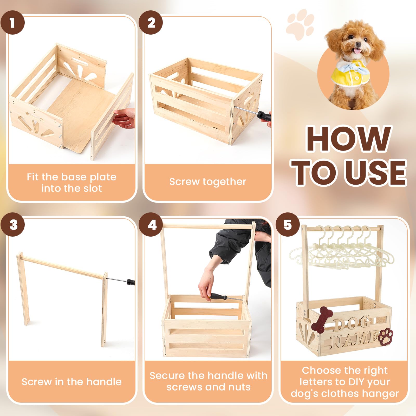Teenyyou 20 x 13 x 9 Wooden Pet Wardrobe Closet Crate Box with Hanging Rods and Personalized Pet Alphabet Letters Easy Assembly