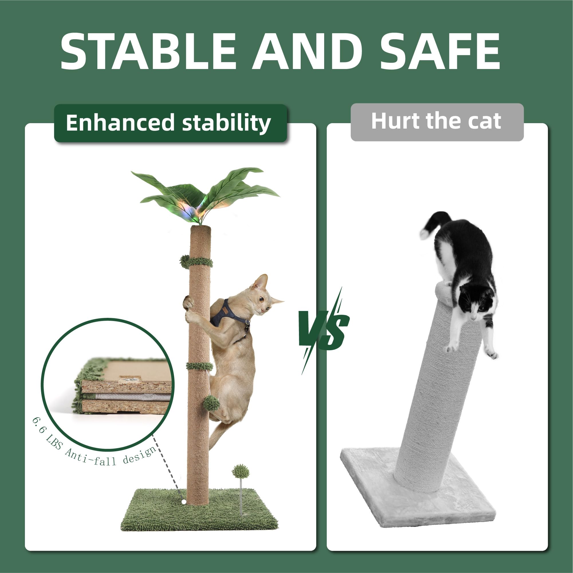 34'' Led Cat Scratching Post, Attracts Cats With Led Light, Cat Furniture, Stable Base, Hanging Toy Balls For Large Cats And Kit