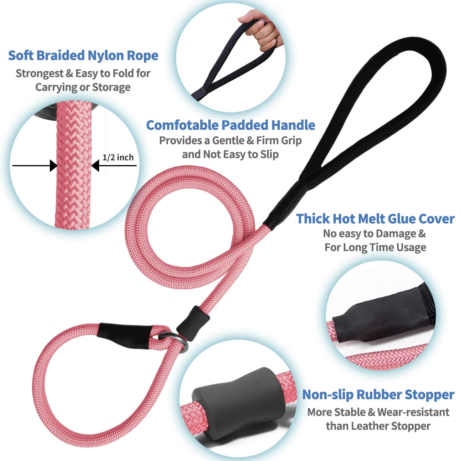 Strong Slip Rope Dog Training Leash (4Ft) - Heavy Duty Durable Braided Nylon Lead With Rubber Stopper & Padded Handle - No Pull Walking Climbing For Medium Large Dogs (Pink, 1/2' X 4Ft)