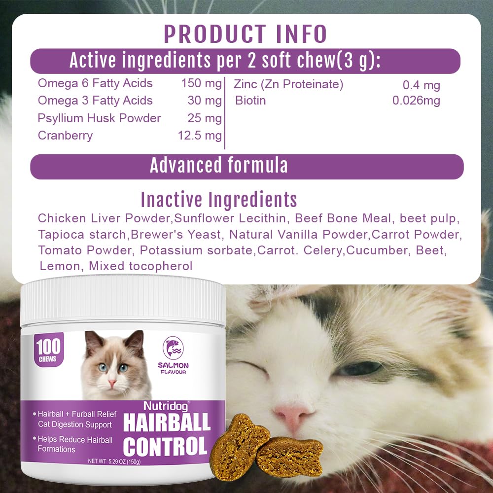 Nutridog Hairball Treats for Cats - Hairball Remedy Chews with Omega 3&6, Psyllium Husk, Zinc & Biotin - Salmon Flavor for Hairb