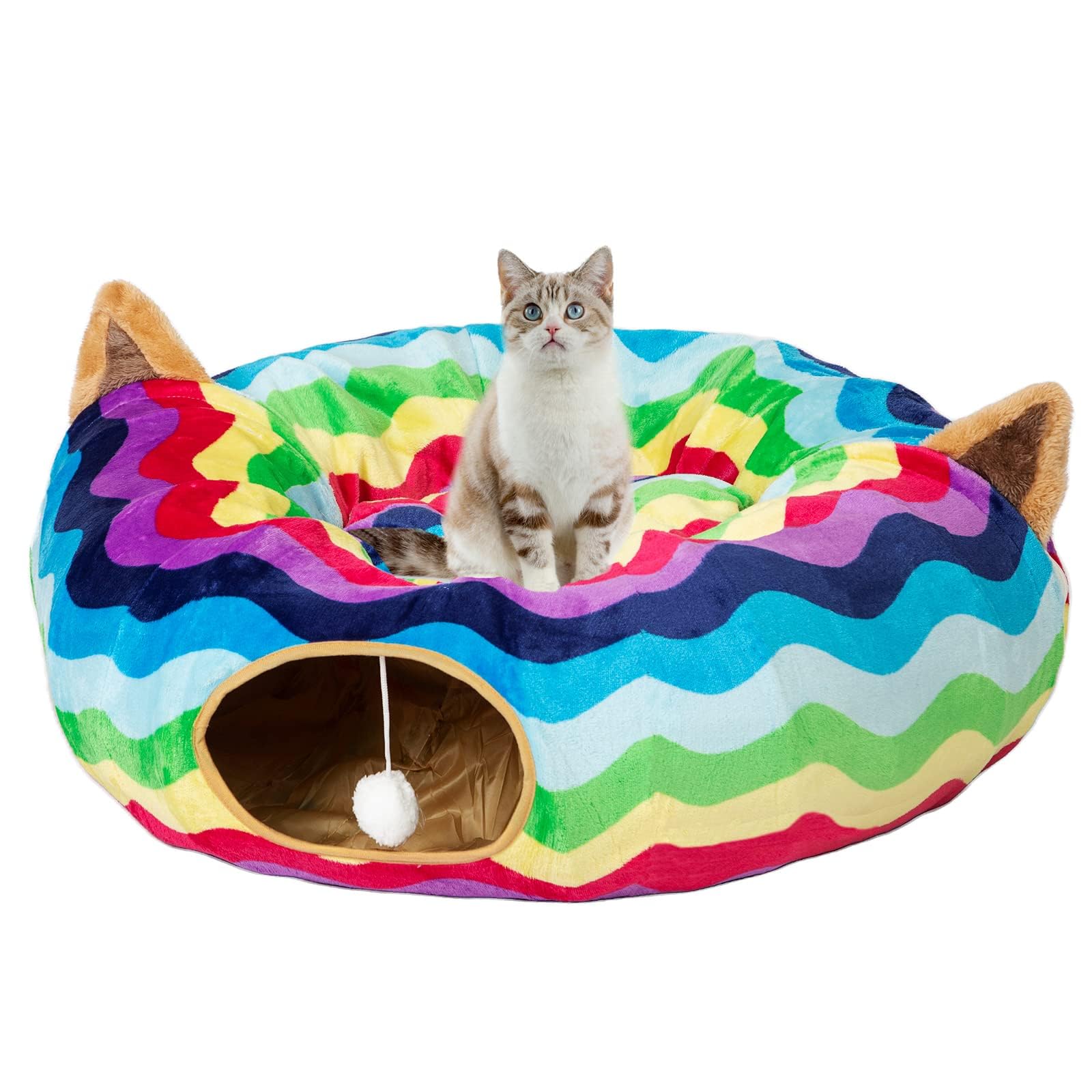Luckitty Large Cat Tunnel Bed With Plush Cover,Fluffy Toy Balls, Small Cushion And Flexible Design- 10 Inch Diameter, 3 Ft Lengt