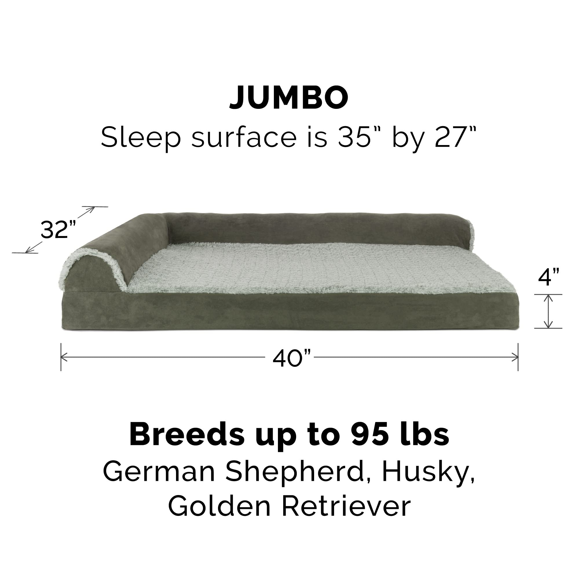 Furhaven Orthopedic Dog Bed For Large Dogs W/ Removable Bolsters & Washable Cover, For Dogs Up To 95 Lbs - Two-Tone Plush Faux Fur & Suede L Shaped Chaise - Dark Sage, Jumbo/Xl