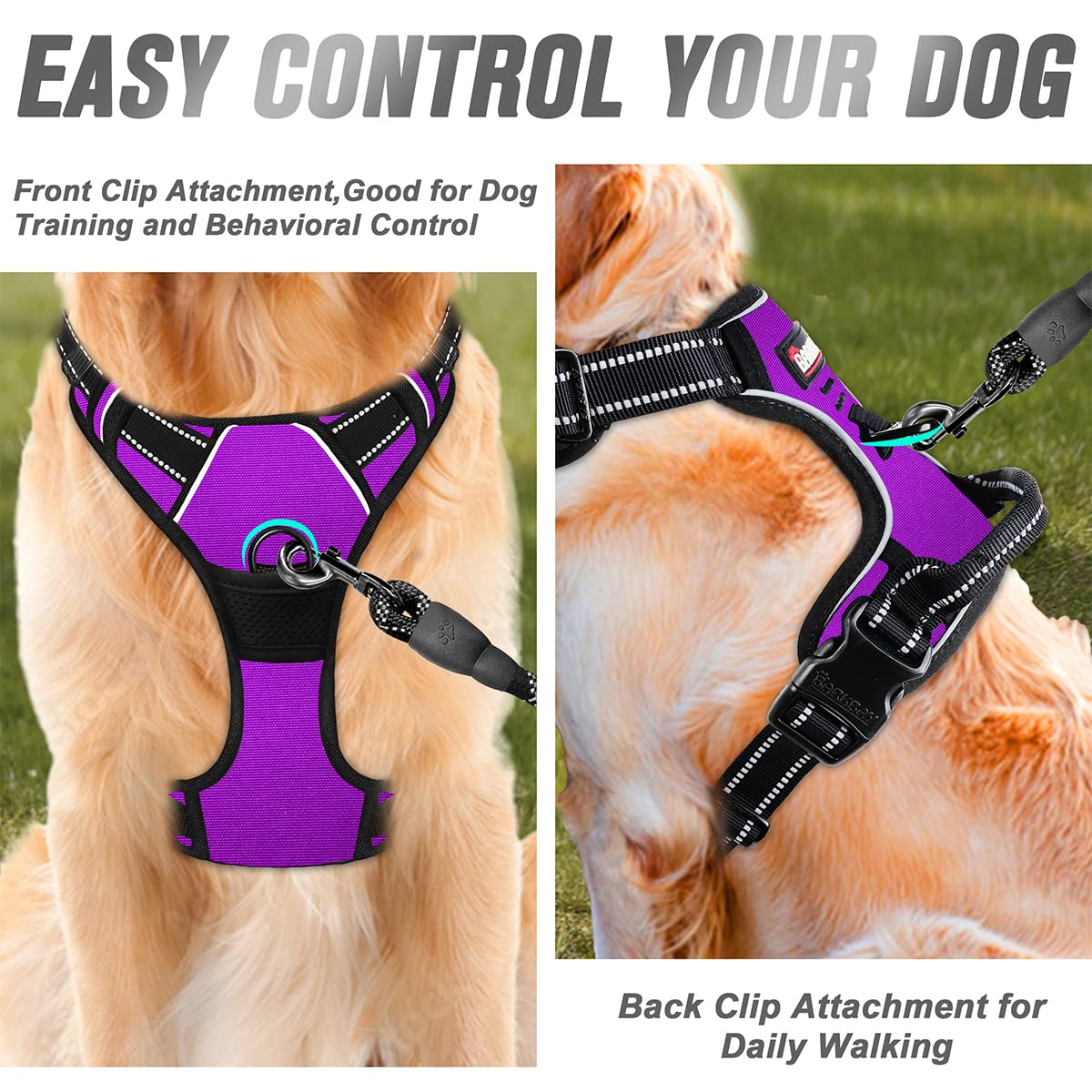 Barkbay No Pull Dog Harness Front Clip Heavy Duty Reflective Easy Control Handle For Large Dog Walking(Purple,M)