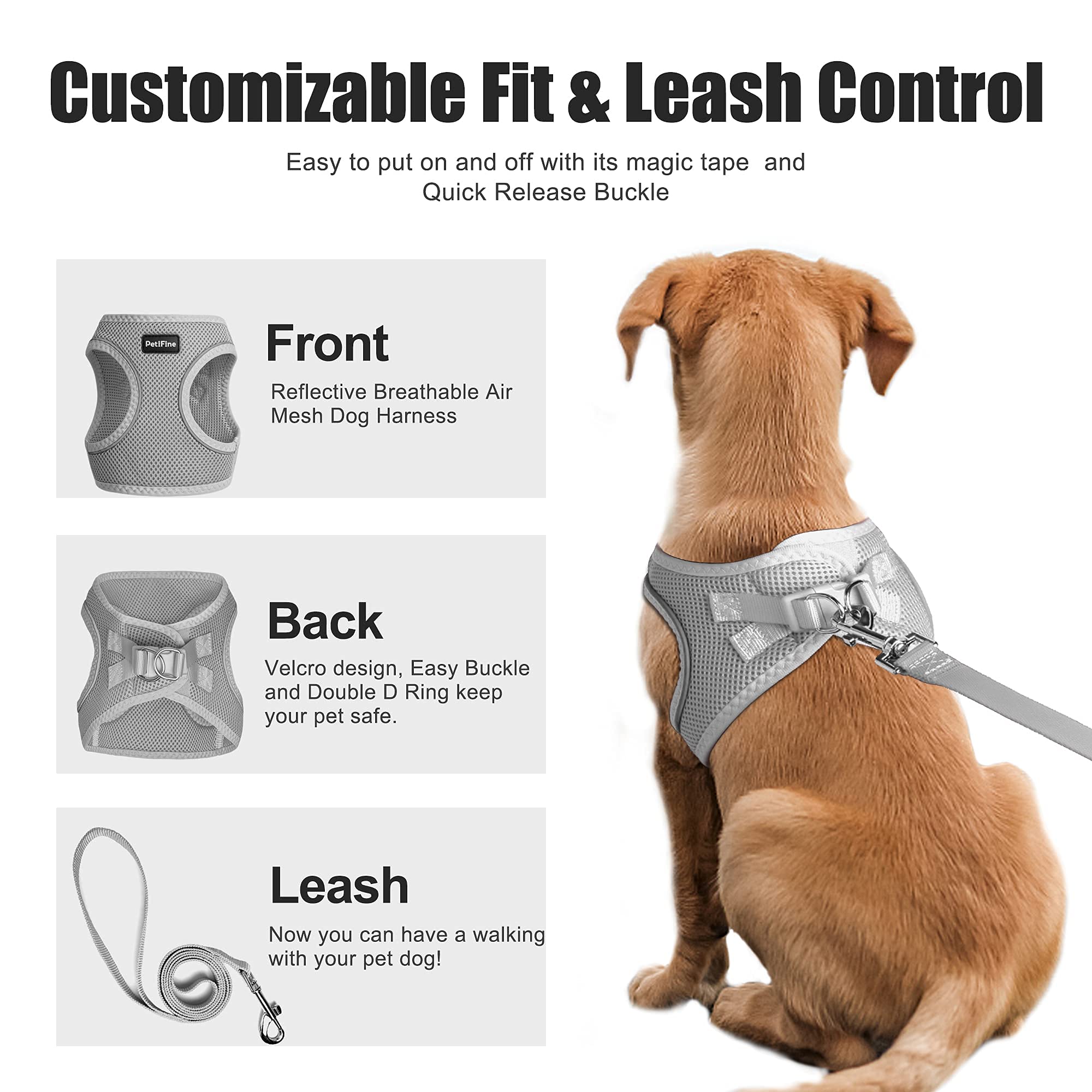 Petifine Extra Small Step In Dog Harness And Leash Set, Cat Harness And Leash Escape Proof, All Weather Mesh Reflective, Step-In Air Vest Harnesses For Puppy(Xxxs, Grey)