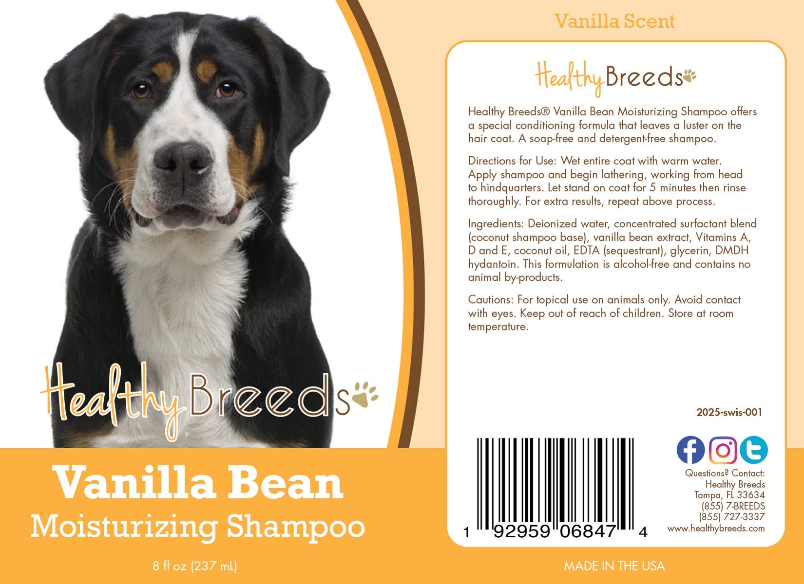 Healthy Breeds Greater Swiss Mountain Dog Vanilla Bean Moisturizing Shampoo 8 Oz