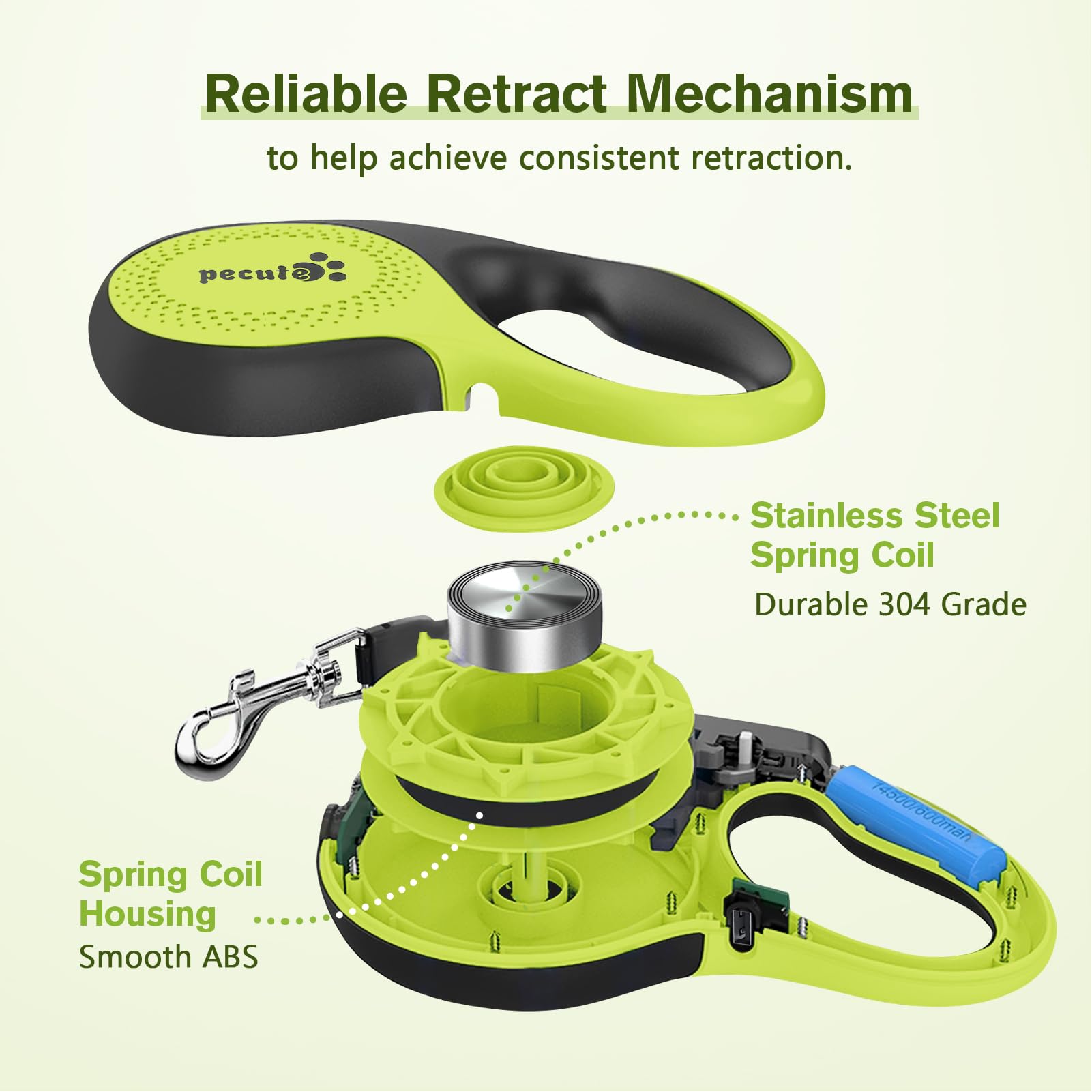 Pecute 16 ft Heavy Duty Retractable Dog Leash, Large, Nylon, Green with LED Light, Model PRL-L5M01, 360° Tangle-Free, Up to 110