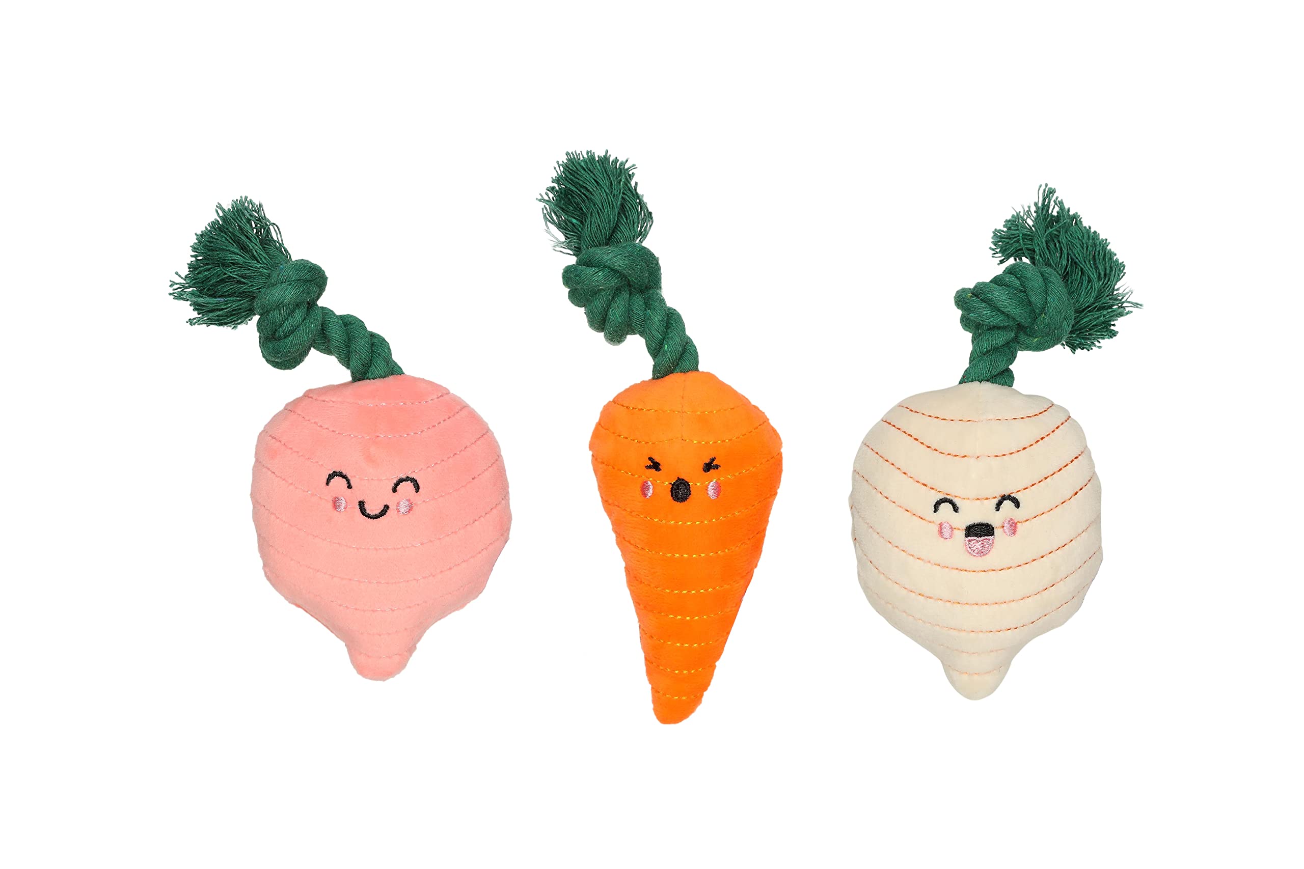 Pearhead Spring Garden Veggies Dog Toys, Radish, Carrot and Turnip Squeaky Rope Toys, Gift for Pet Parents, Vegetable Plush Dog 