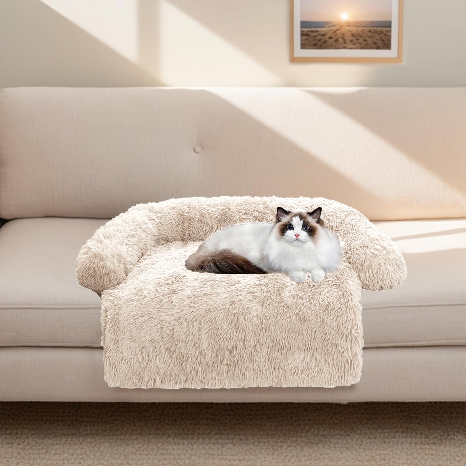 Calming Dog Bed Fluffy Plush Dog Mat For Furniture Protector With Removable Washable Cover For Large Medium Small Dogs And Cats (Xs (31'X23.5'X5'), Beige)