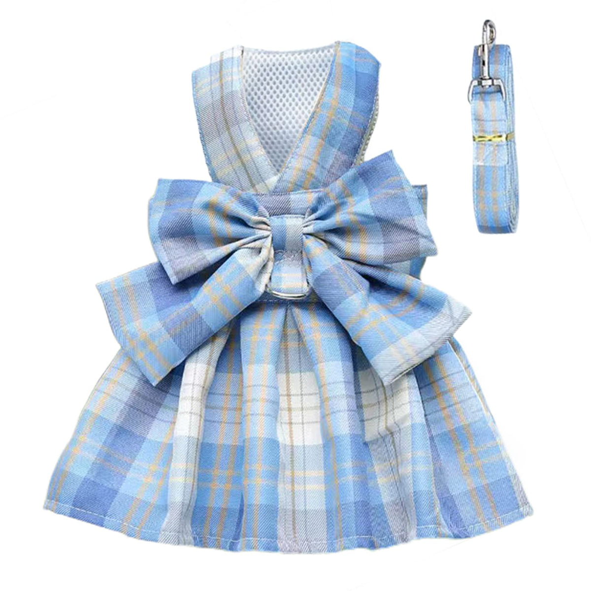 Petcare Plaid Dog Dress Bow Tie Harness Leash Set For Small Dogs Cats Girl Cute Princess Dog Dresses Spring Summer Puppy Bunny Rabbit Clothes Chihuahua Yorkies Pet Outfits