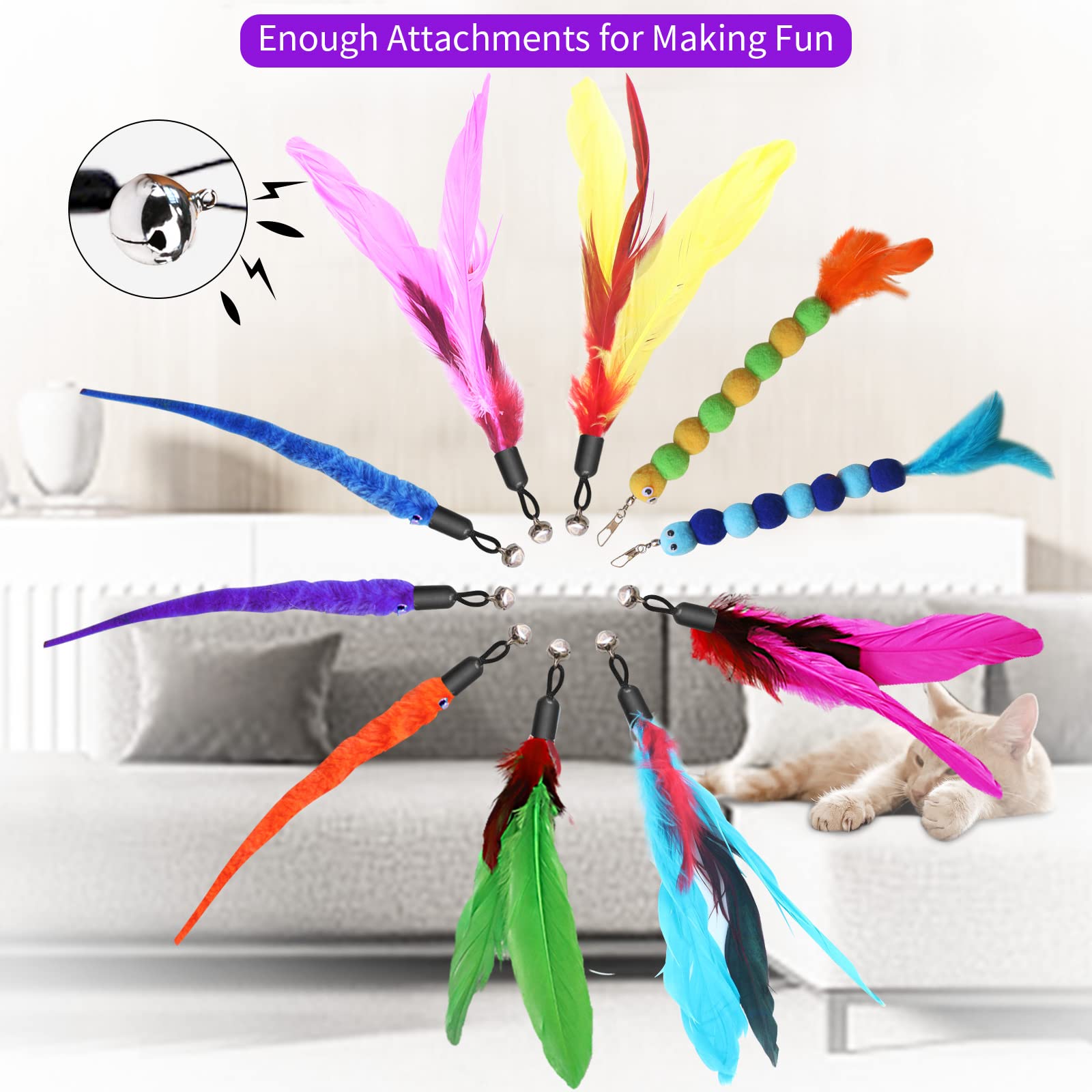 Atosun Cat Toys, 2Pcs Retractable Cat Feather Toys, 10Pcs Replacement Teaser Refill, 1Pc Rainbow Ribbon Wand Interactive Kitten Toys For Indoor Cat Make Exercise