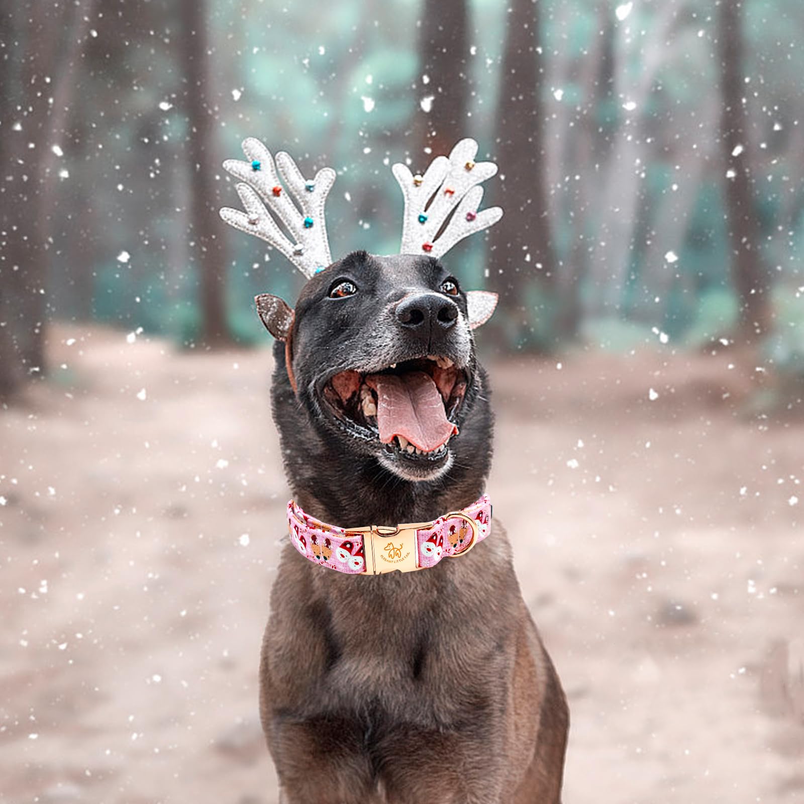 Elegant Little Tail Christmas Dog Collar, Pink Deer Print Pet Collar Dog Durable Cute Dog Collars Winter Holiday Male Or Female