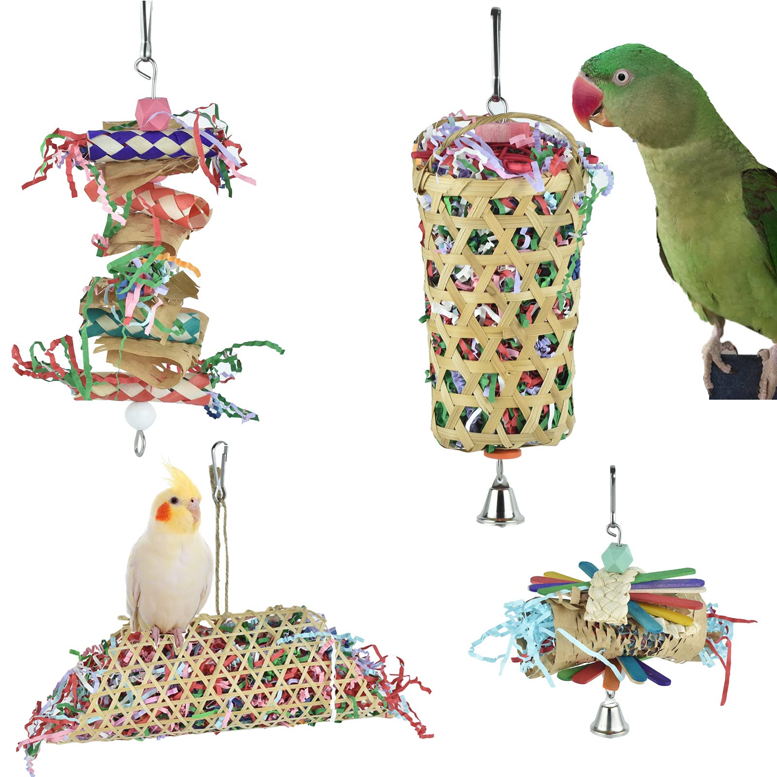 GUANLANT 4 Pack Shredder Foraging Feeder Bird Toys Treat Basket for Parrots, Conure Shredding Chewing Paper Hanging Cage Climbin