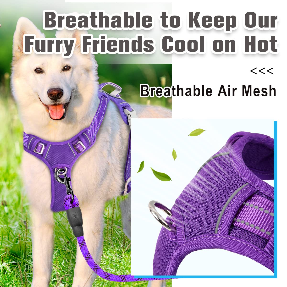 BARKBAY No Pull Dog Harness Front Clip Heavy Duty Reflective Easy Control Handle for Large Dog Walking with ID tag Pocket(Purple