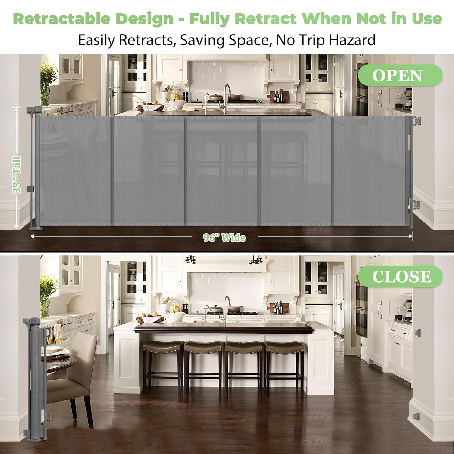 96 Inch Wide Reinforced Retractable Dog Gate with Support Rods - Prevent Crawling Under, Extra Long Retractable Baby Gate Large