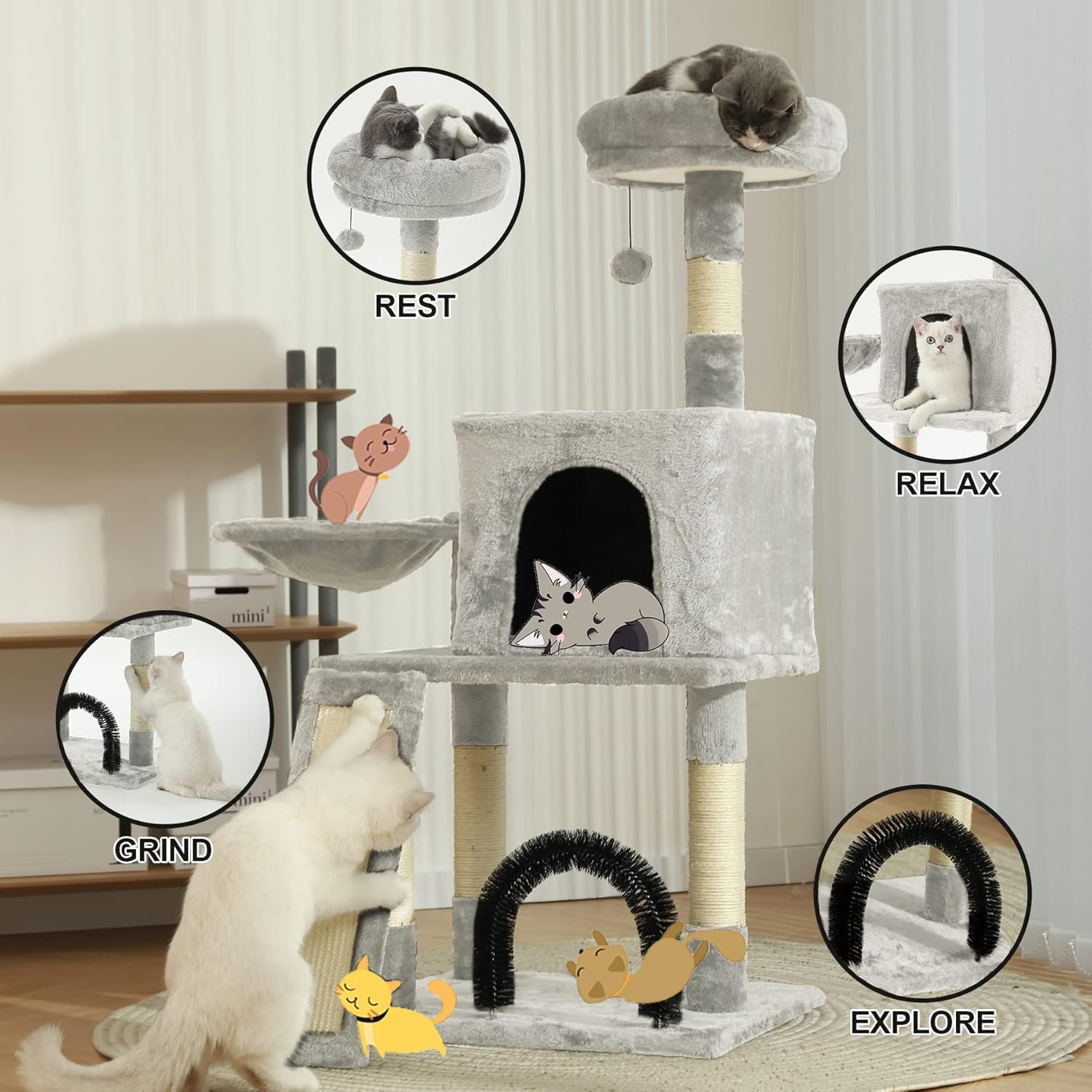 Hoopet 44In Cat Tree For Indoor Cats - Multi-Level Cat Tower With Hammock, Condo, Scratching Posts, Self-Grooming Brush & Play B
