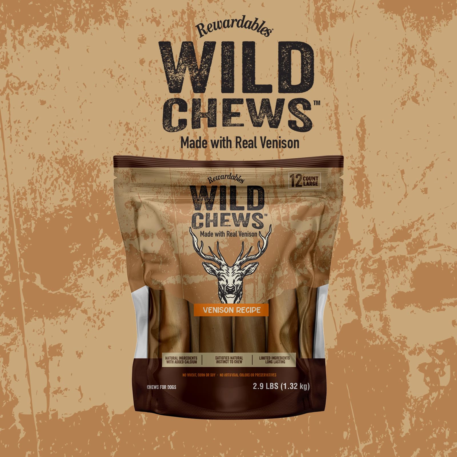 Rewardables | Wild Chews | Venison Recipe, Made with Real Venison, Limited Ingredient, Long Lasting Chews for Large Dogs | 12 Co