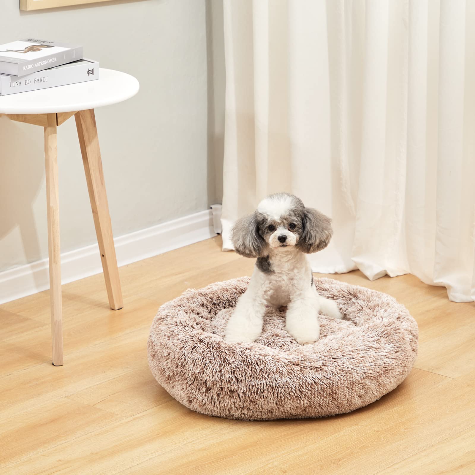 Bedfolks Calming Donut Dog Bed, 23 Inches Round Fluffy Dog Beds For Small Dogs, Machine Washable Anti-Anxiety Plush Puppy Bed(Br