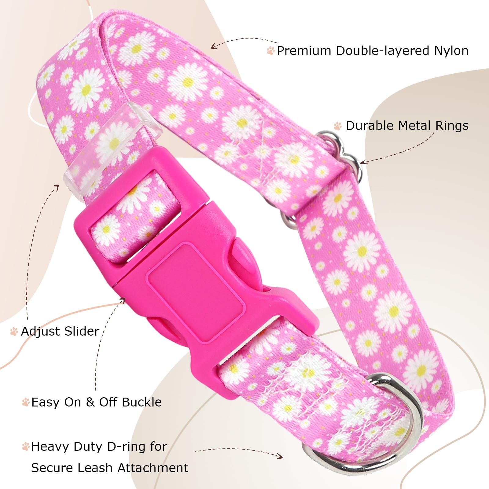 Pink Dog Collars For Medium Dogs, Cute Girl Dog Collar With Daisy Flowers Pattern, Adjustable Heavy Duty Pet Collar With Safety