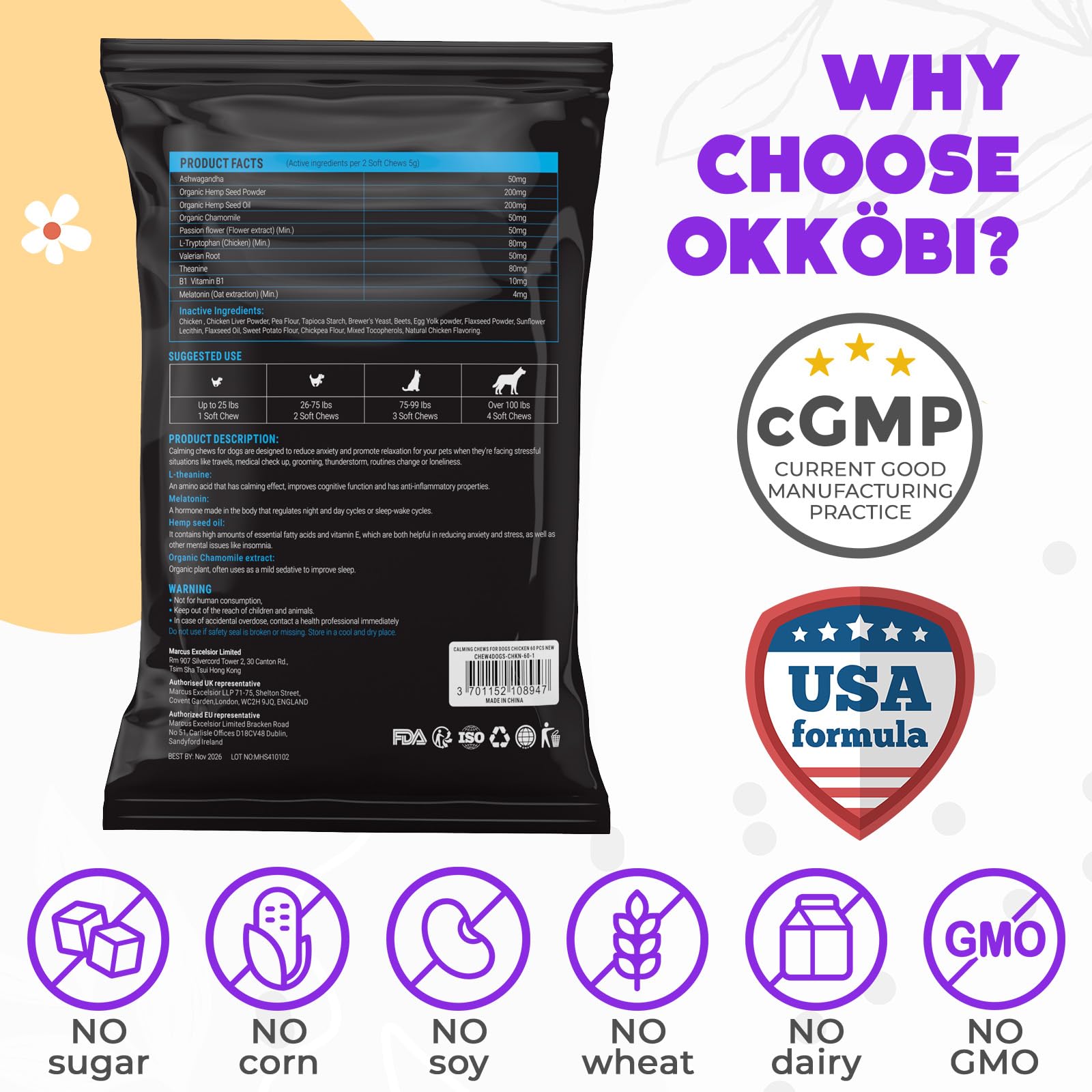 Hemp Calming Chews for Dogs Anxiety 60 pcs - Chicken Flavored - Dog Anxiety Relief - Dog Calming Chews - Melatonin for Dogs - fo