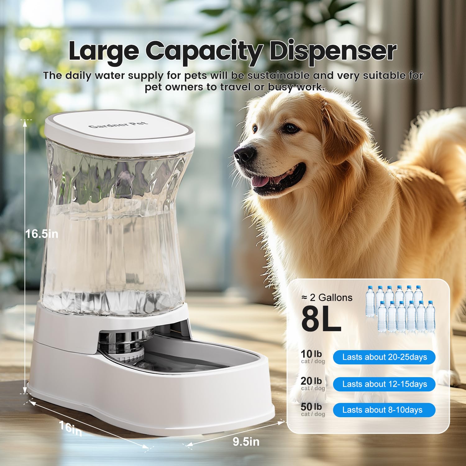 Gardner Pet Automatic Dog Water Dispenser - 2.1 Gallon Stainless Steel Feeder for Medium & Large Dogs, White