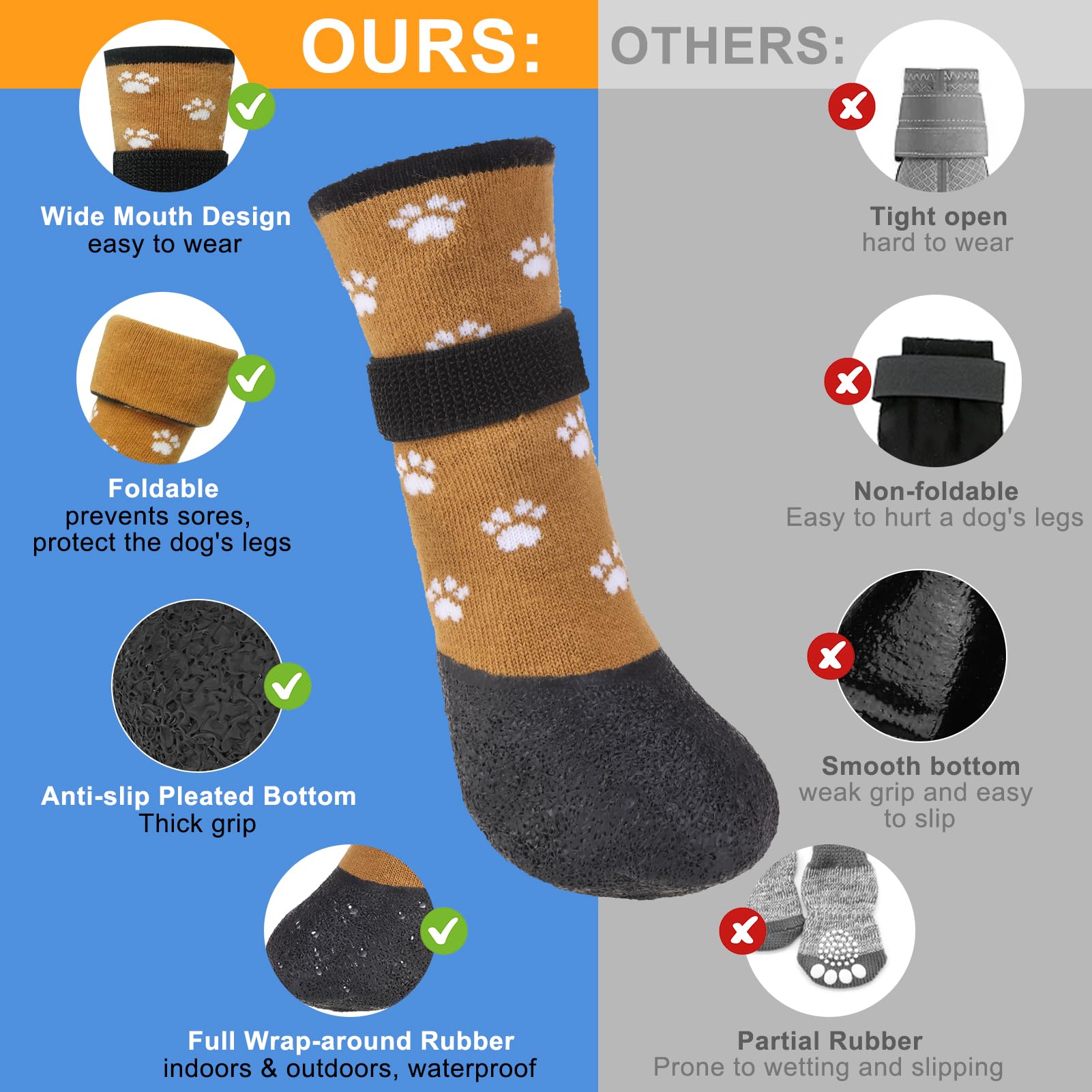 BEAUTYZOO Dog Boots for Small Dogs, Waterproof Khaki Booties & Grip Socks, 6 PCS for Winter & Summer Use