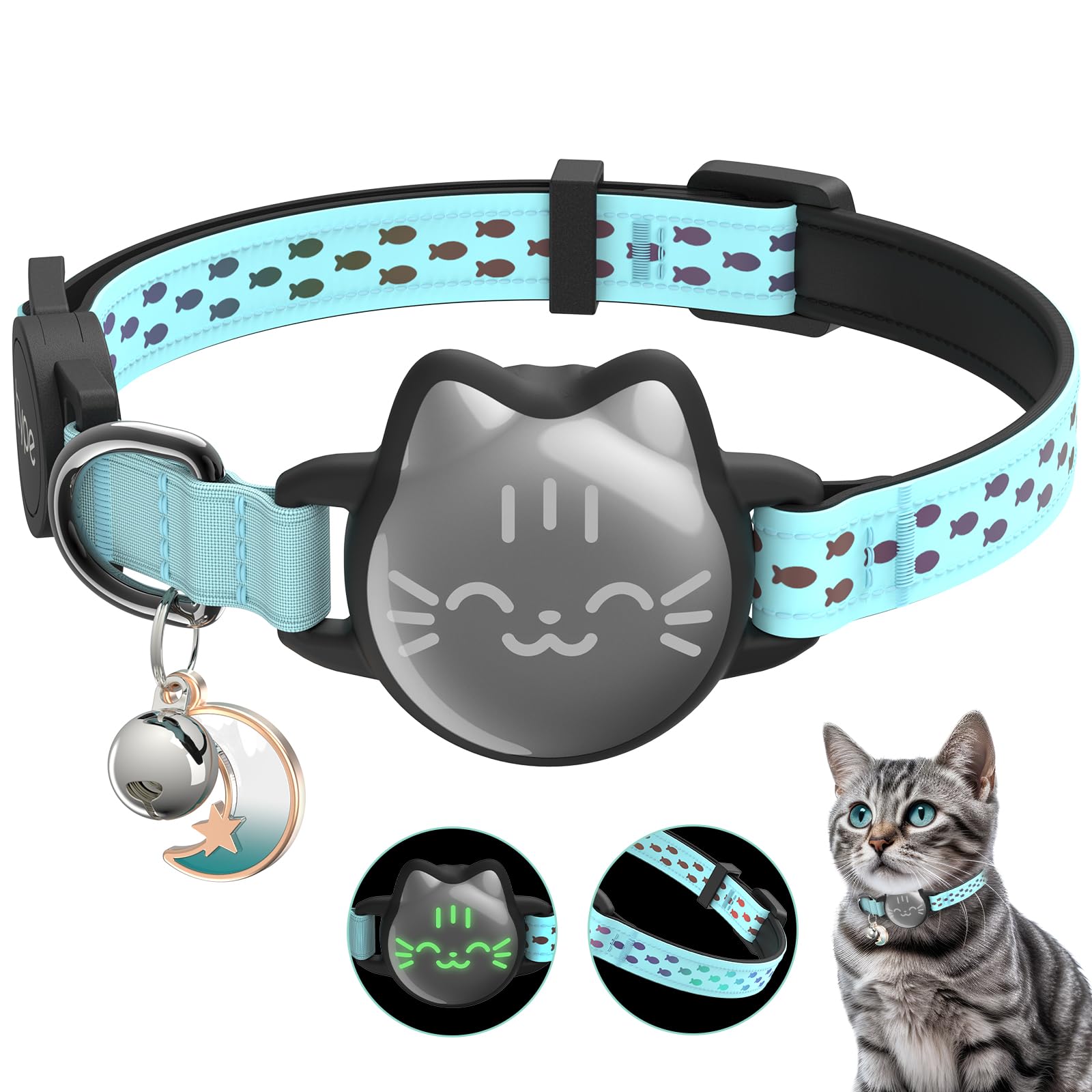 Waterproof Airtag Cat Collar, Breakaway Cat Airtag Collar With Luminous & Reflective Pattern Strap, Lightweight Kitten Collar For Apple Air Tag, Hidden Holder For Gps Tracker - Cats, Kittens (9-13')