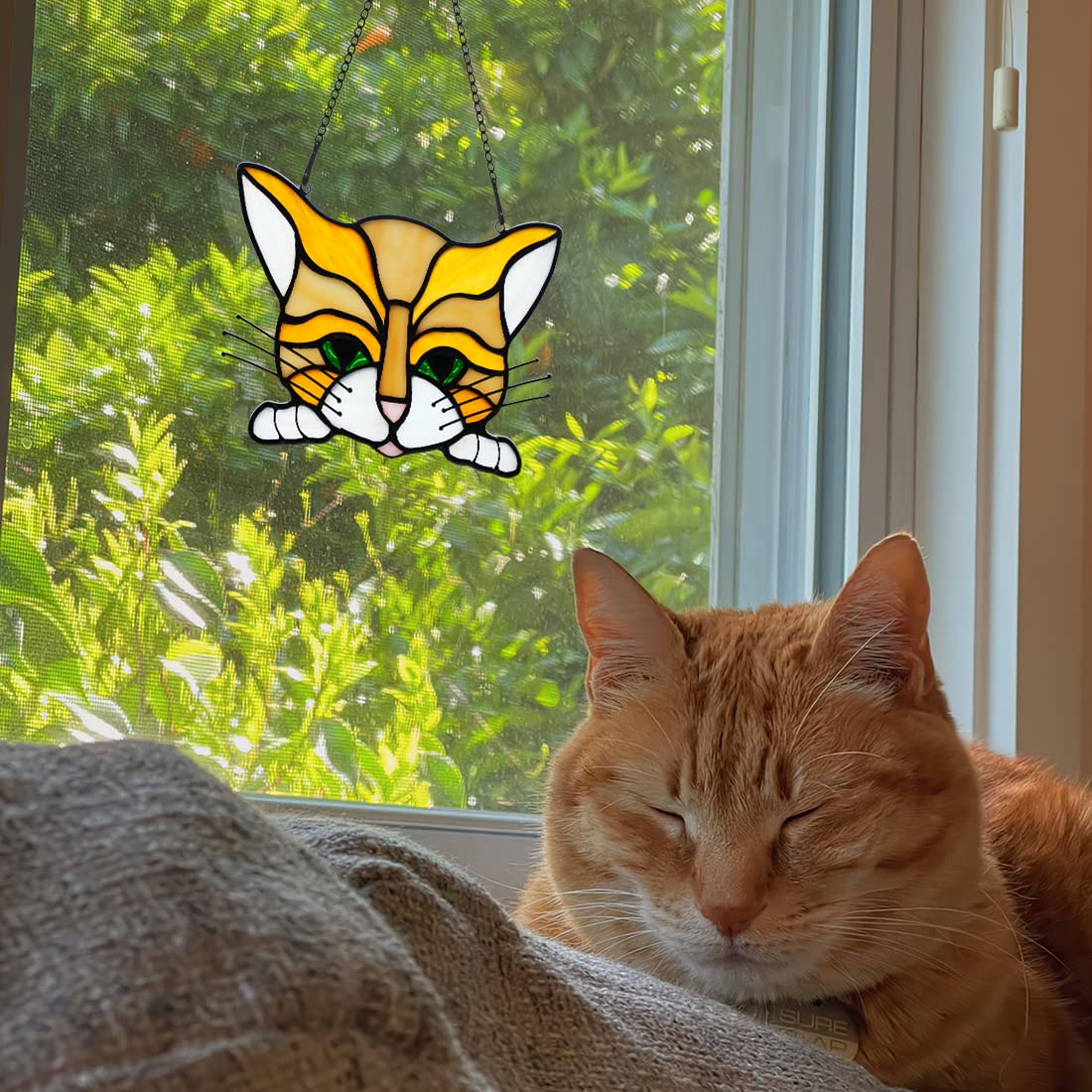 Boxcasa Cat Memorial Gifts Stained Glass Window Hangings,Orange Cat Decor Suncatcher Pet Cat Loss Sympathy Gift For Women Mom,Ca