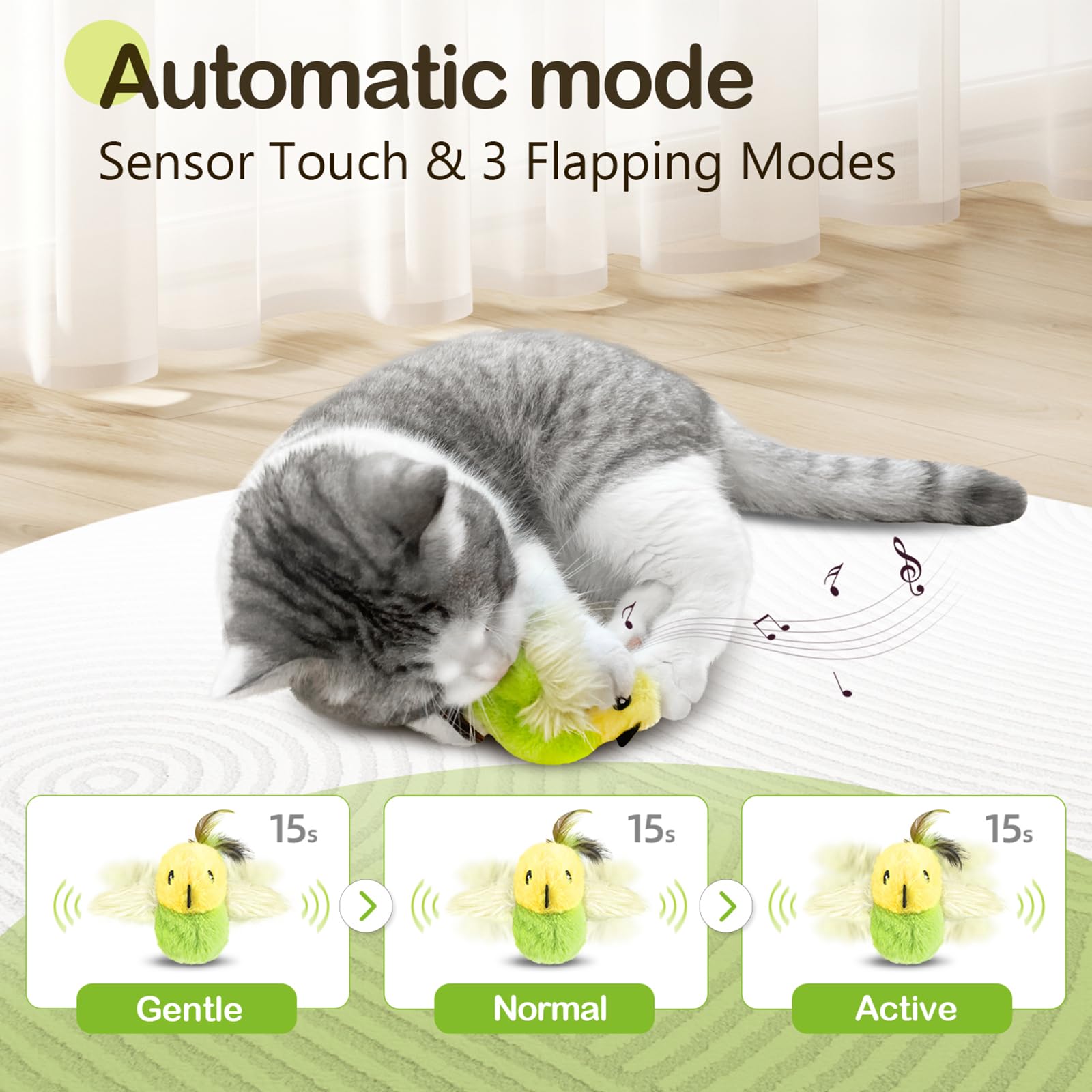 Migipaws Cat Toys,Interactive Lifelike Amakihi Flying Flapping Bird With Catnip, Feathers Hanging By Elastic String, Automatic C