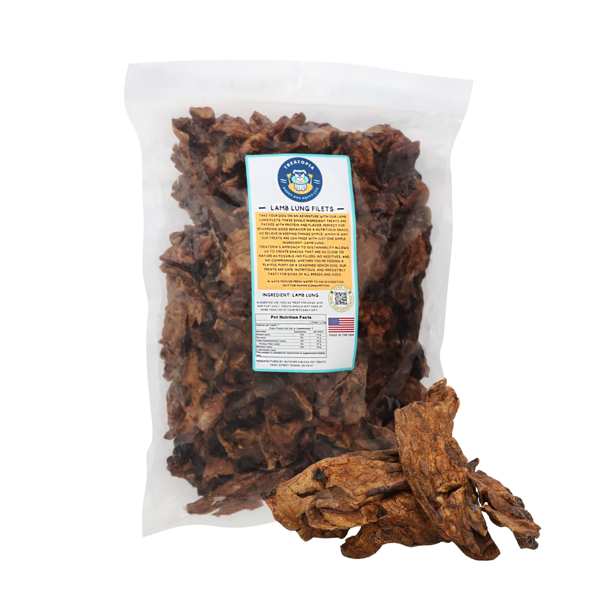 TREATOPIA Lamb Lung Filet Dog Treats, 2 LB Bag - All-Natural, Sustainable, Healthy, High Protein, Hand-Trimmed, Slow-Roasted, Ma