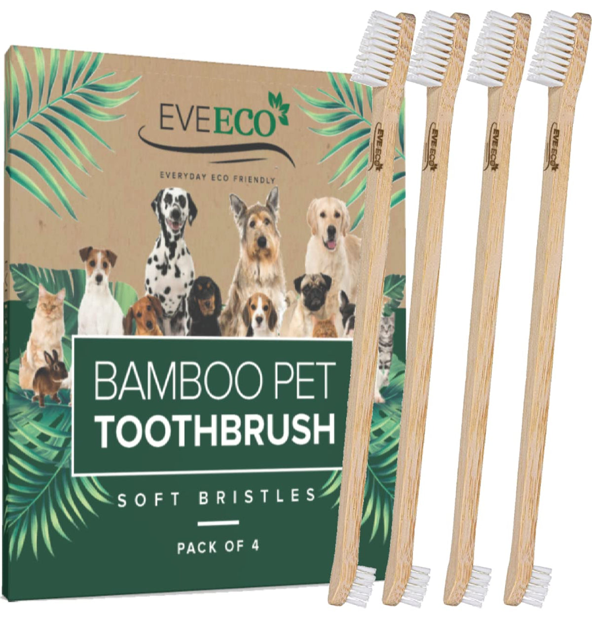 Eveeco 4-Pack Bamboo Dog & Pet Toothbrushes - 2 Brush Heads Large & Small With Extra Long 8.5' Use With Toothpaste To Eliminate Cavities, Bad Breath, Tartar For Puppies, Cats, Kittens