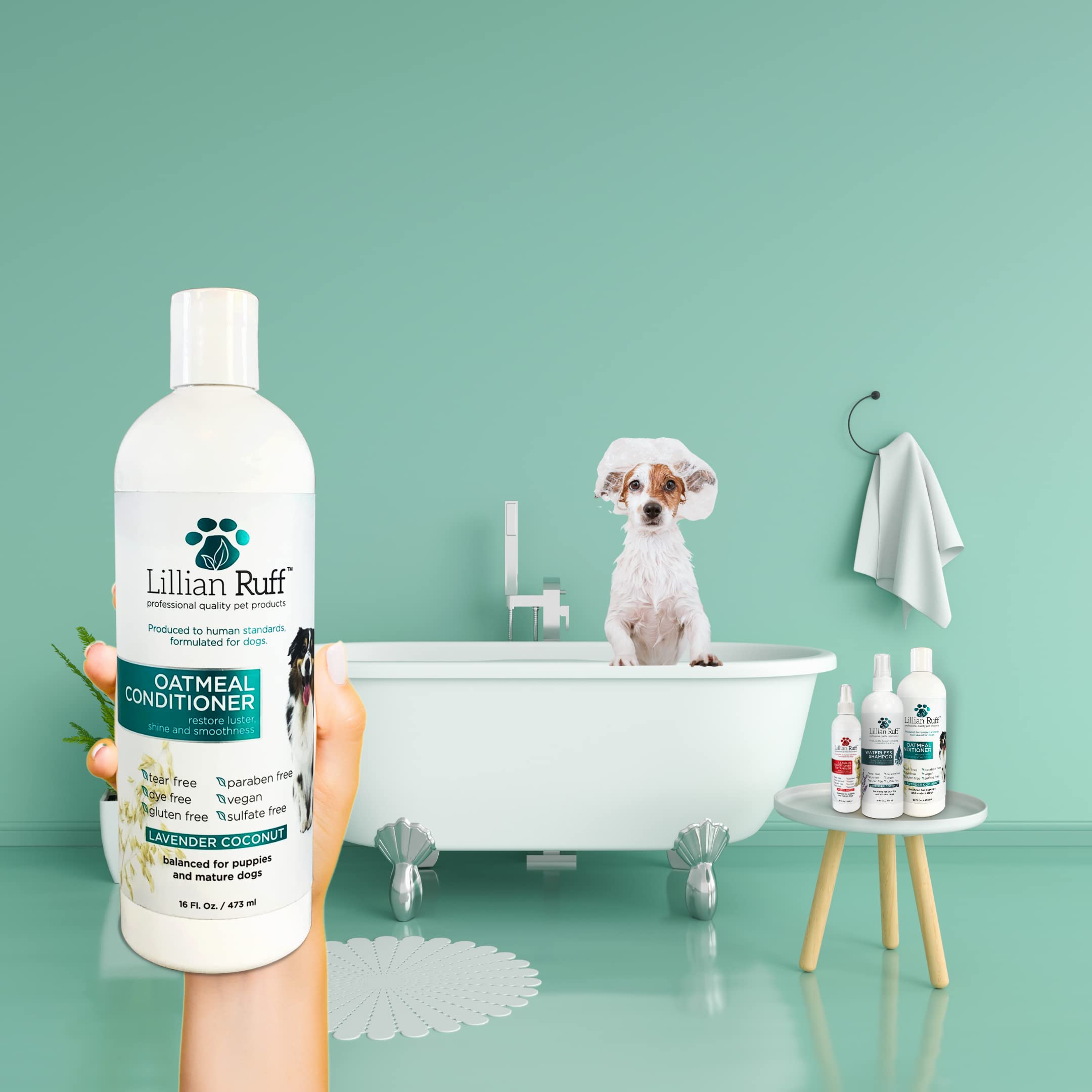 Lillian Ruff Calming Oatmeal Pet Conditioner For Dry Skin & Itch Relief With Aloe & Hydrating Essential Oils - Replenish Moisture & Deodorize - Dog Conditioner For Normal/Sensitive Skin (16Oz & Brush)