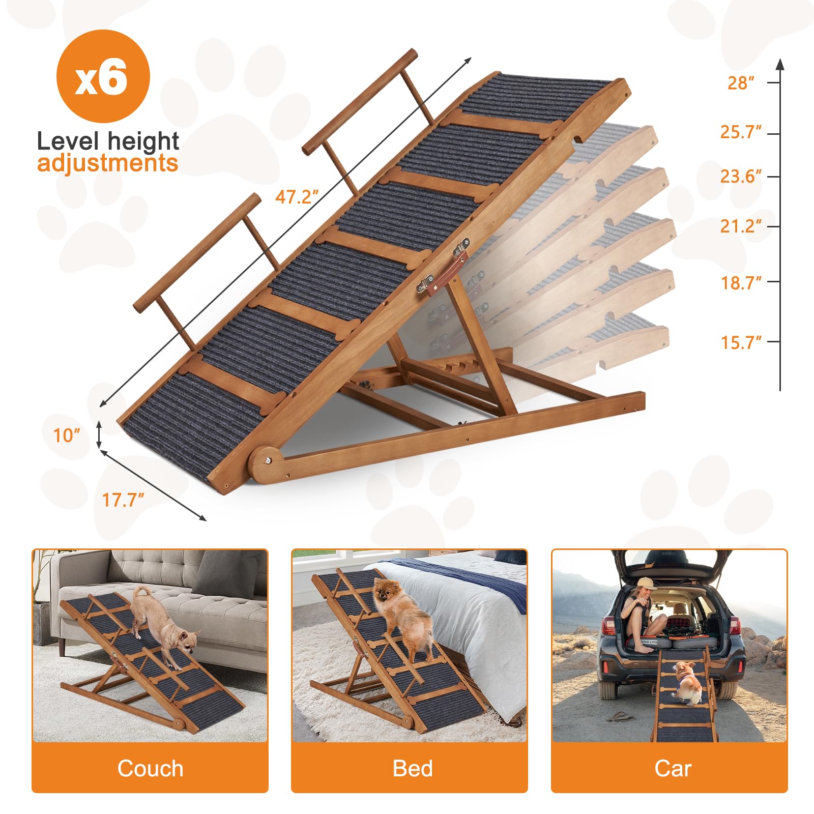 Wooden Dog Ramp For High Bed, 47.2'' Long Non-Slip Dog Ramp For Couch, 6 Adjustable Heights From 15.7'' To 28'' With Side Rails