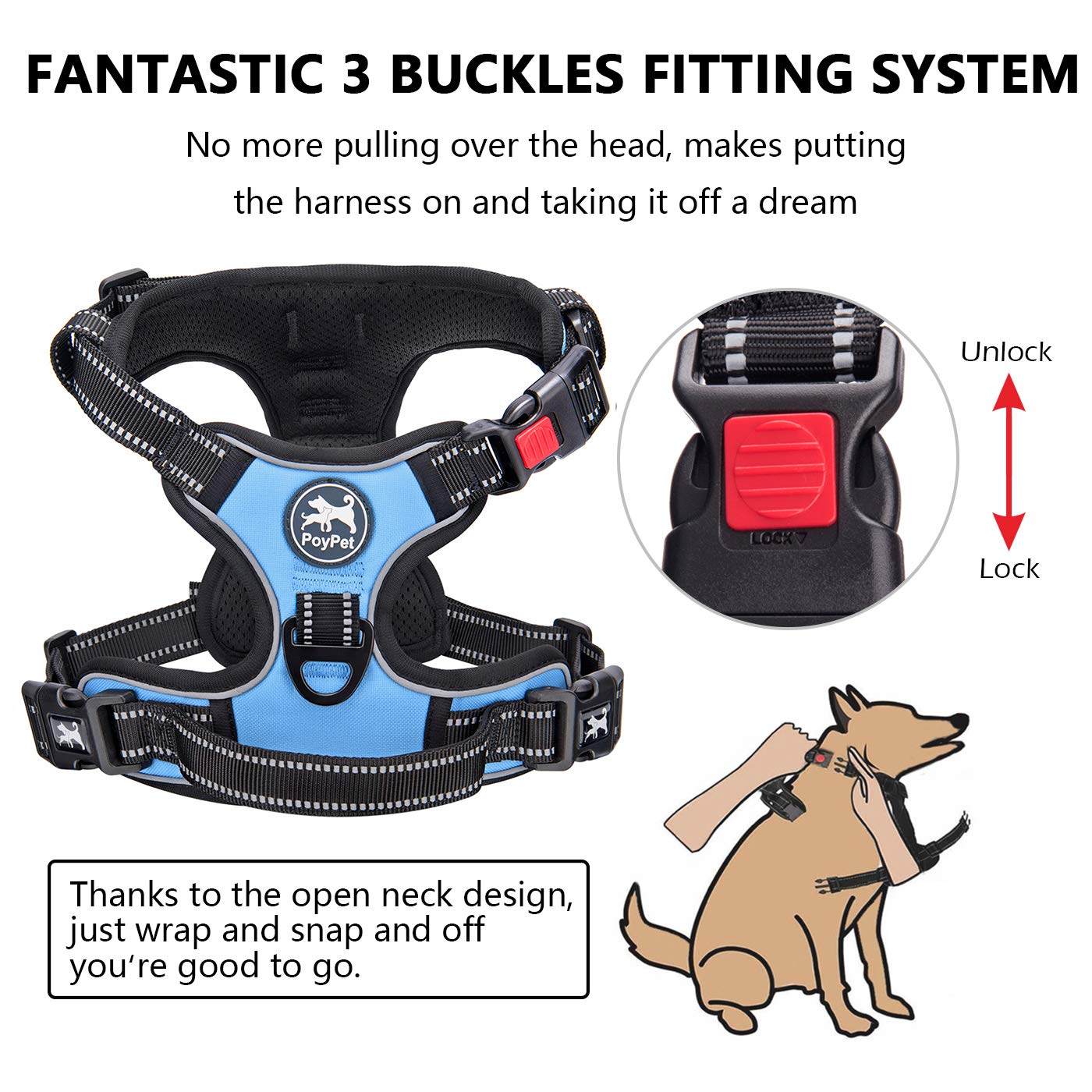 Poypet Dog Harness No Pull, Reflective Adjustable No Choke Pet Vest With Front & Back Clips, Soft Padded And Control Training Handle For Large Dogs(Light Blue,Xl)