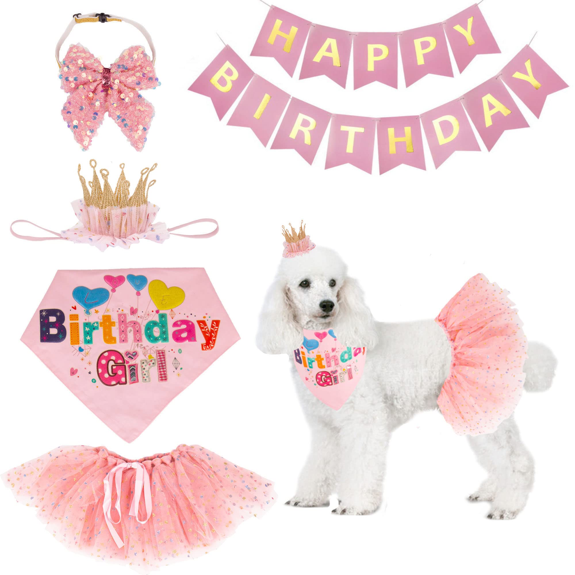Adoggygo Dog Birthday Hat Bandana Girl - Puppy Party Supplies Pink Tutu Scarf Bow Happy Banner Set (Pink-2)
