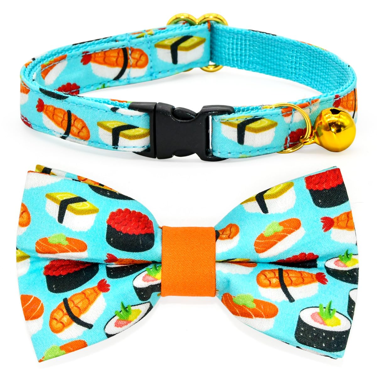 Sushi Cat Collar Bow Tie, Breakaway Safety Plastic Buckle, Bowtie Collar For Kitten (8''-13'')
