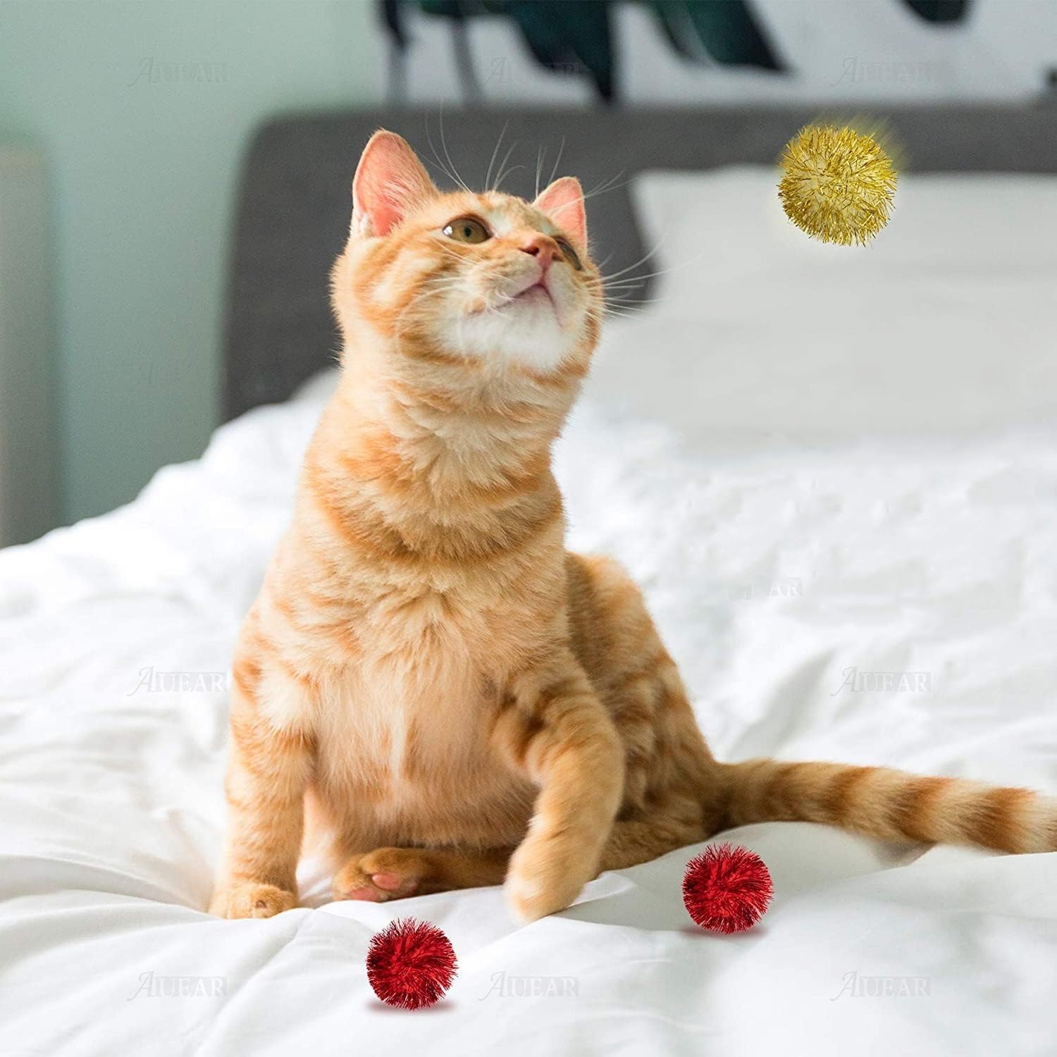 Auear, 12 Pack 2 Inch Sparkle Ball Shiny Tinsel Pom Poms Interactive Balls Cat For Kittens (4 Colors)