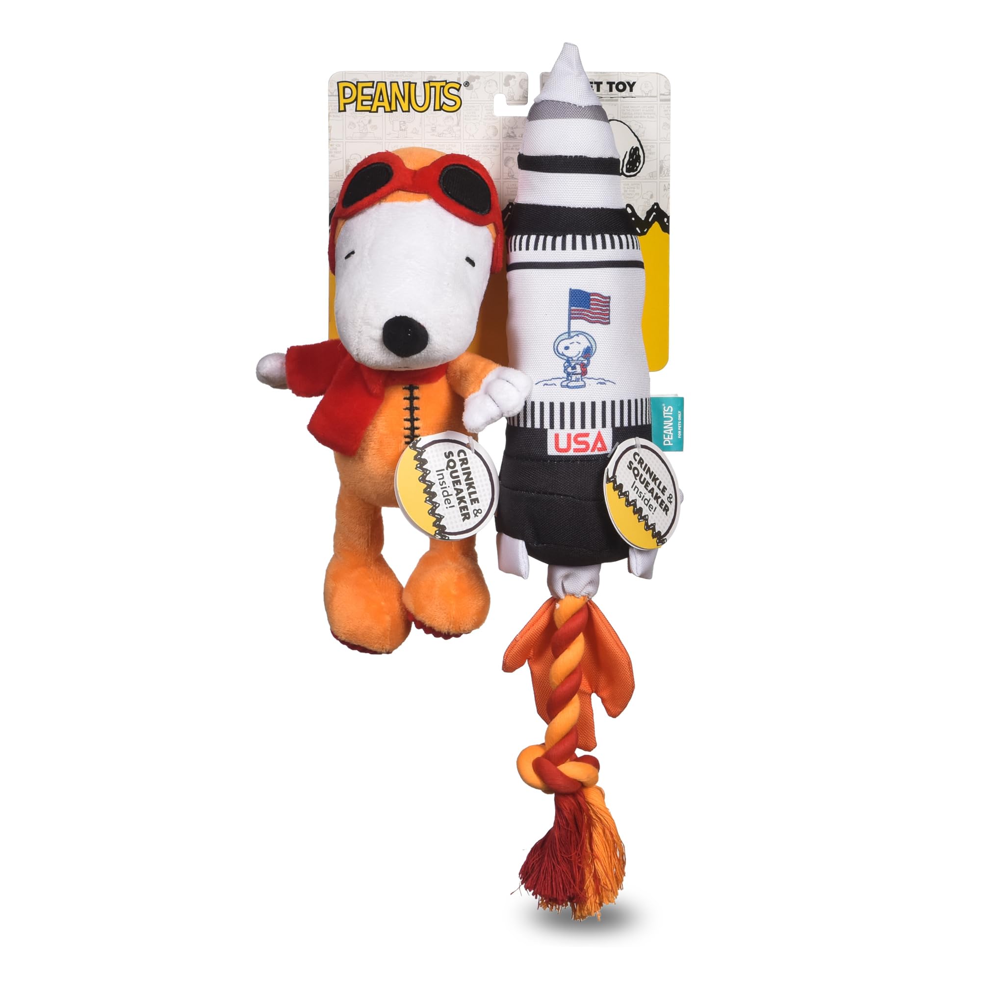 Peanuts For Pets Space Explorer Snoopy Plush And Rocket Ship Rope Tug Dog Toy Set, Squeaky Puppy Toys, Stuffed Animal, Ideal For