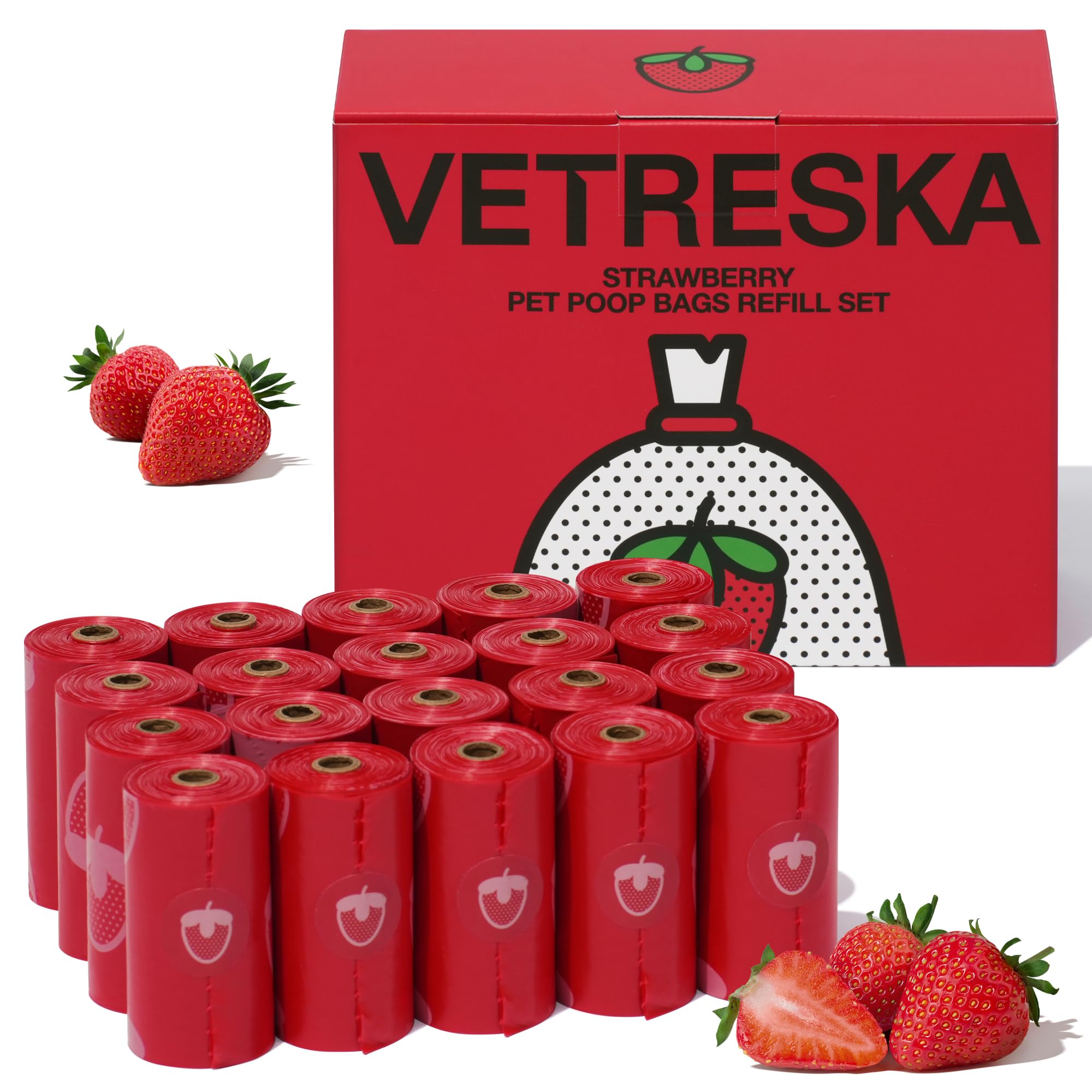 Vetreska Strawberry Scented Dog Poop Bags, Leak Proof, Extra Thick And Large Pet Waste Bags For Dogs Walking And Cat Litter, 20 