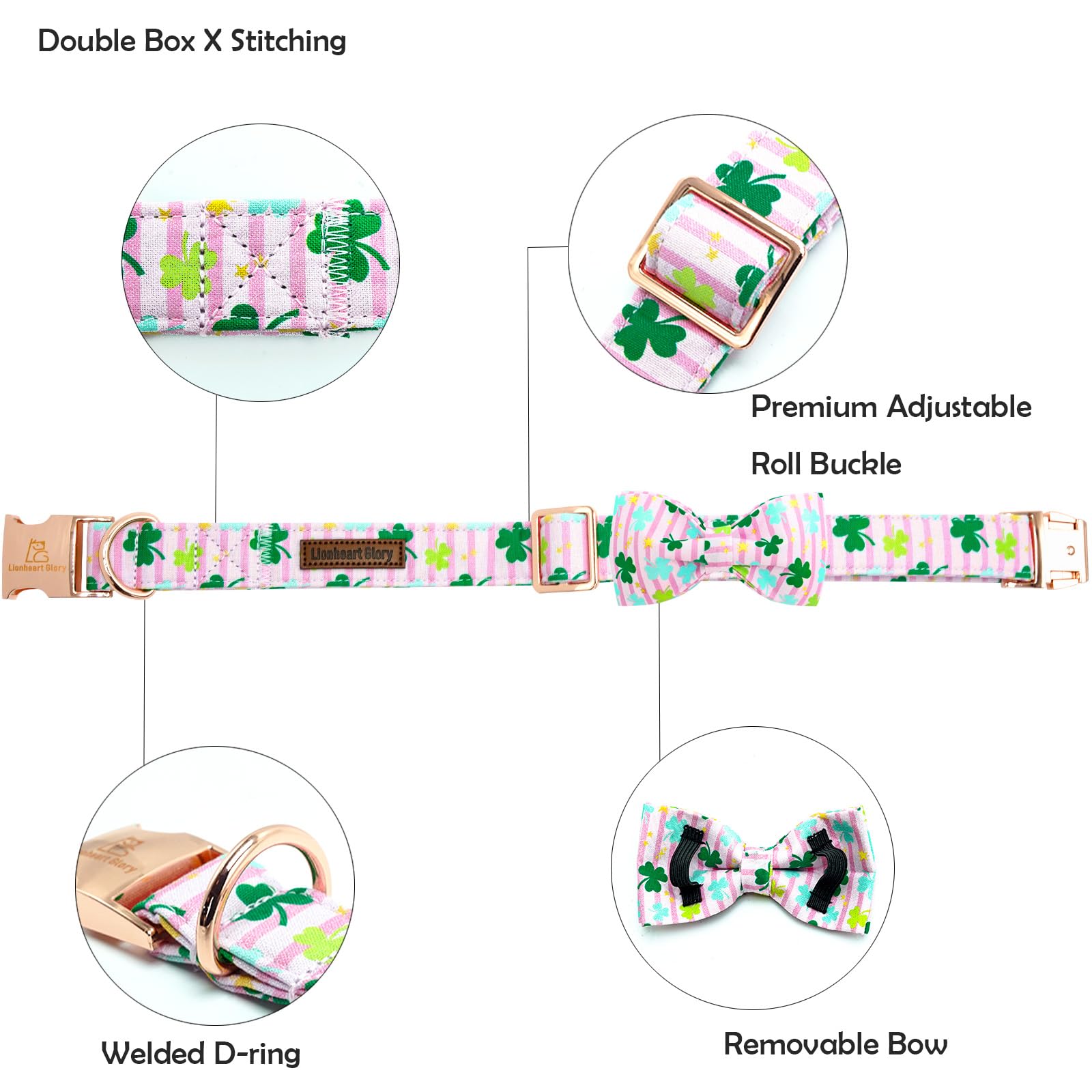 Lionheart Glory St.Patrick'S Day Dog Collar-Lucky Clover Shamrock Dog Bow Collar For Small Dogs Pink Spring Female Trefoil Dog C