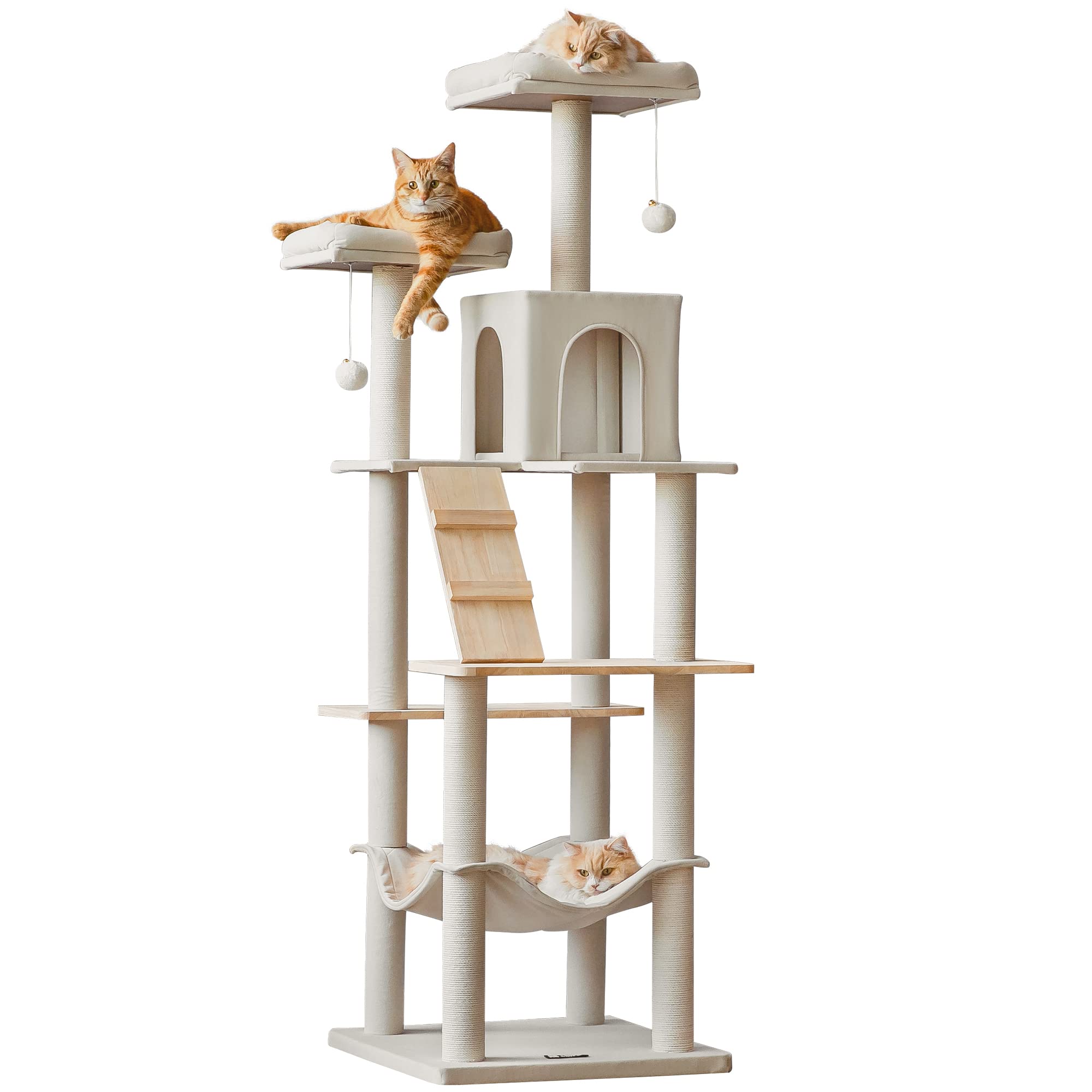 Mwpo Large Modern Cat Tree, 70.1-Inch Wood Cat Tower For Indoor Cats, Multi-Level Tall Cat Condo With 2 Padded Perches, Hammock,
