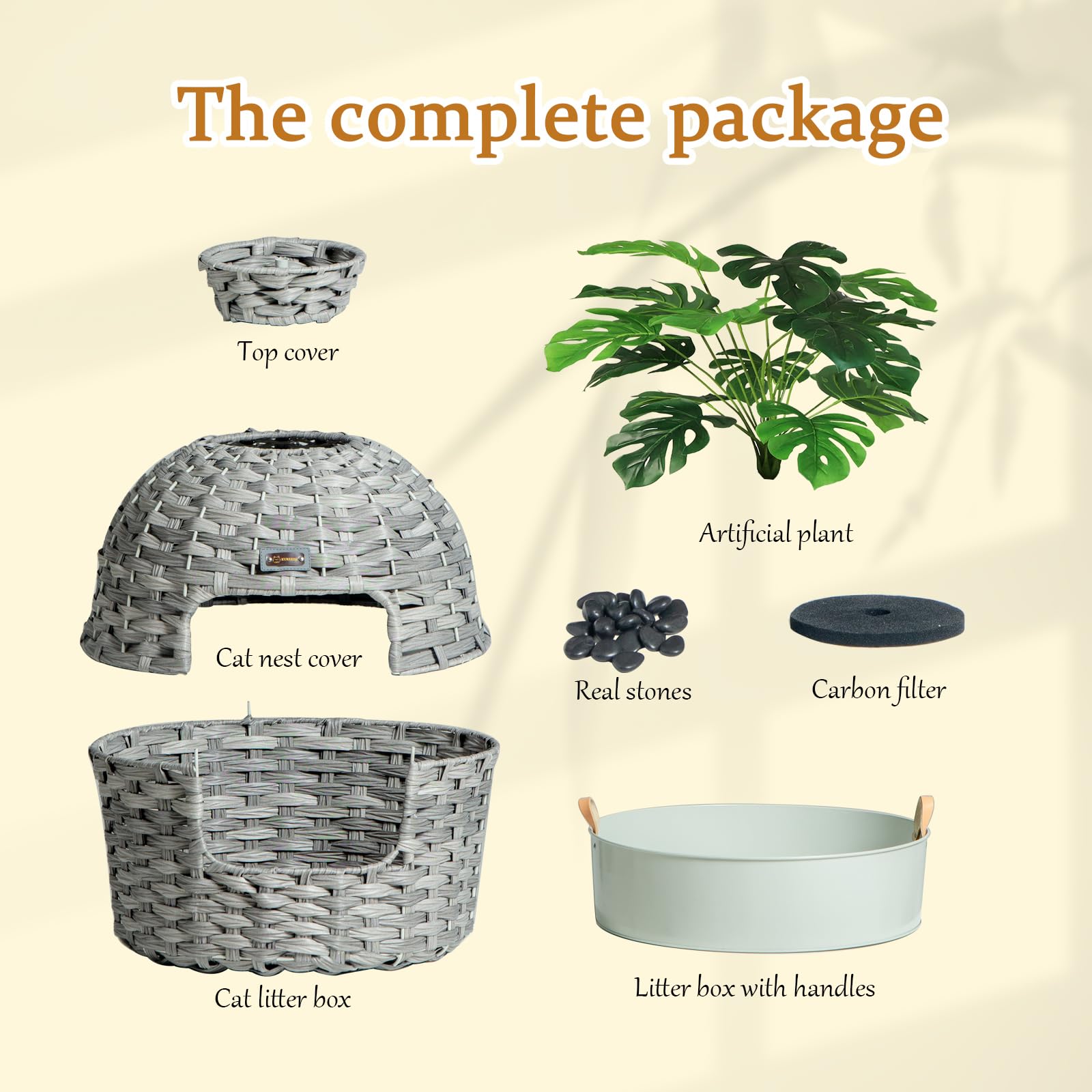 KUREEISE Hidden Litter Box Furniture with Artificial Plants, Handwoven Rattan Cat House with Enclosed Litter Box(Gray)