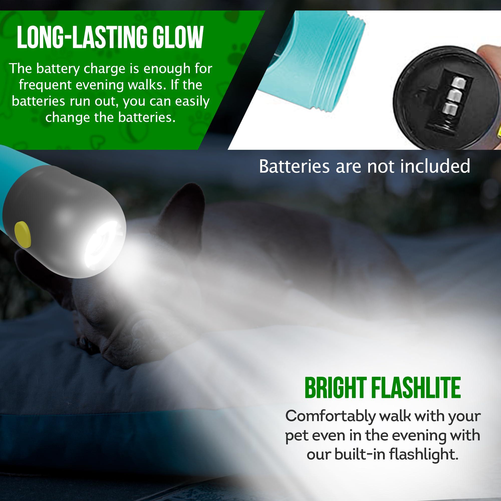 Purevacy Dog Poop Bag Dispenser With 4 Rolls Of 15 Bags In Each. 60 Bags Green Dog Poop Bag Holder With Flashlight For Leash. Dog Bag Dispenser With Carabiner Clip. Poop Bags Holder For Walking