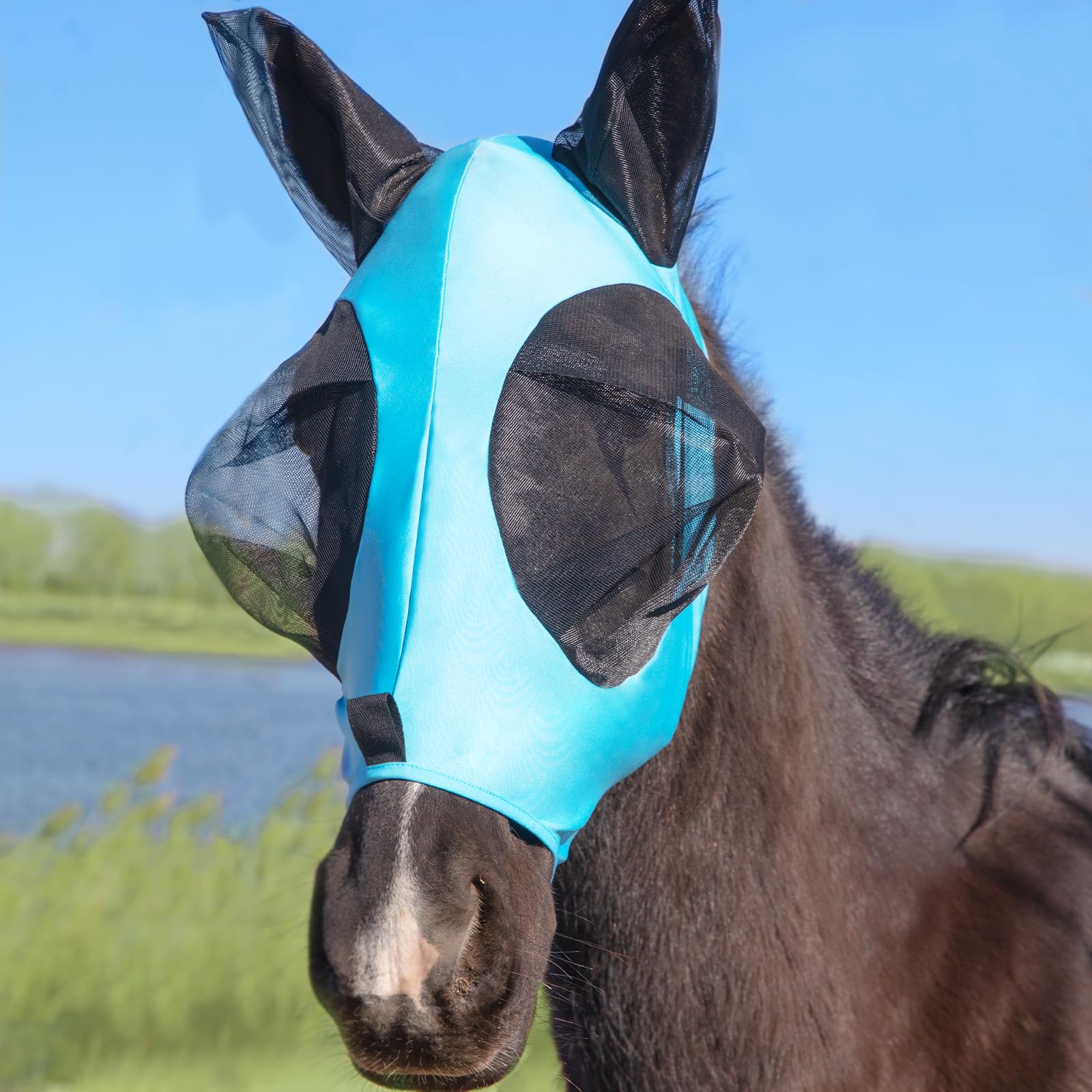 Stretchy Azure Blue Menjo Outdoors Horse Fly Mask with Ears, UV Protection for Horses, Breathable Comfortable Fly Mask Suitable 