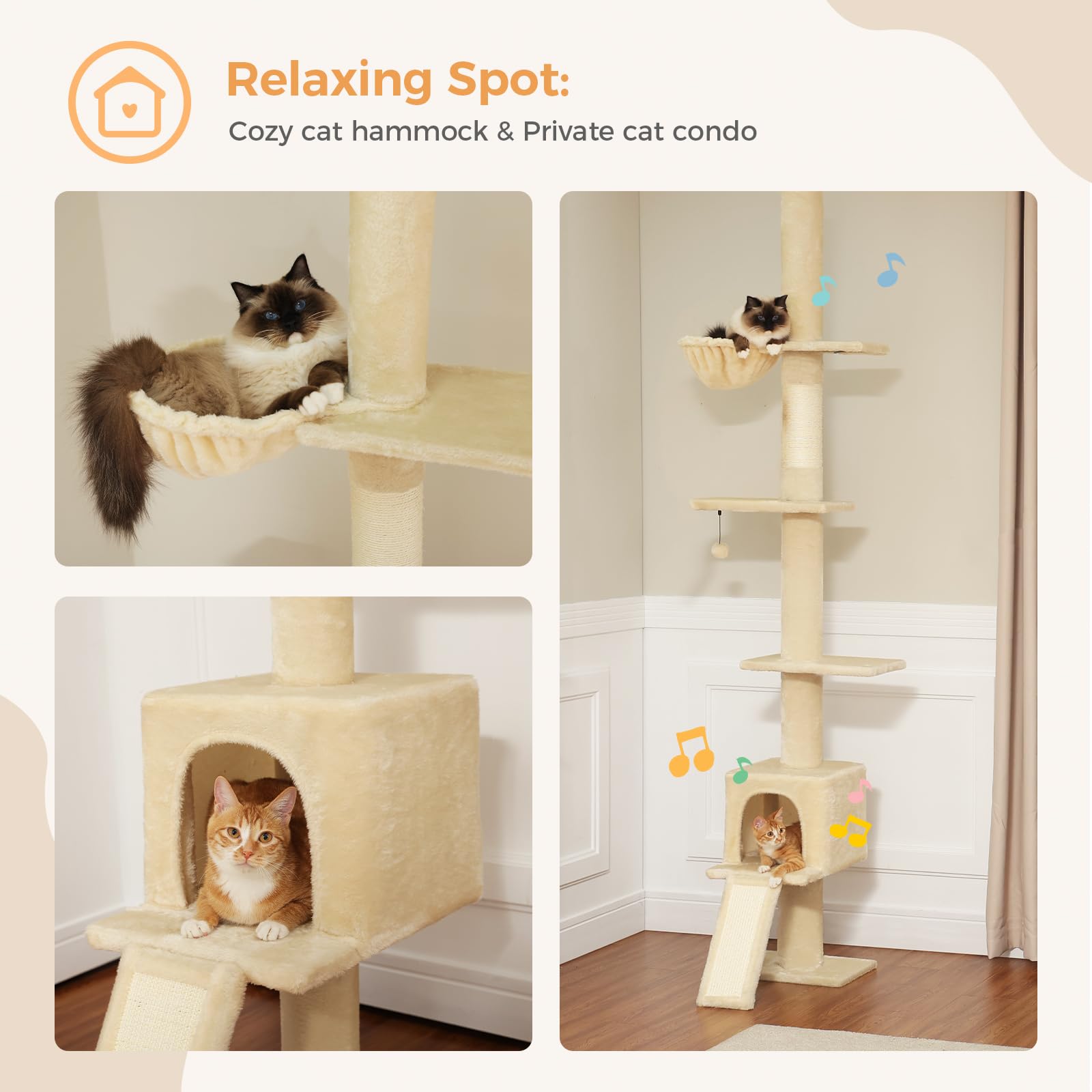Pequlti Cat Tree Floor To Ceiling, Tall Cat Tower, Adjustable Height (83'-108') 5 Tiers Climbing Tree For Indoor Cats With Cat