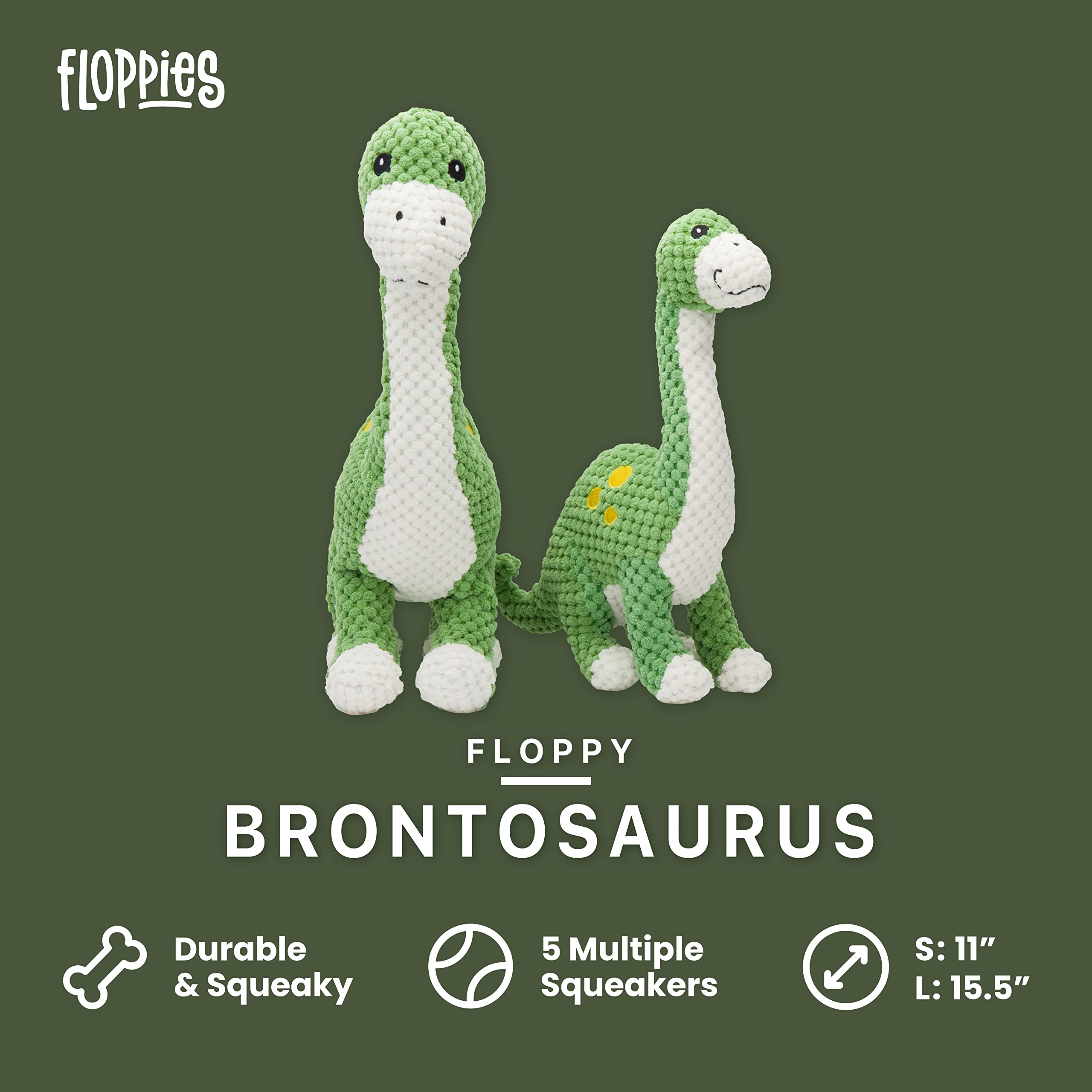 fabdog Floppies Plush Dog Toy - Large Brontosaurus Squeaky Toy for Puppies - Durable and Cute, Model T360