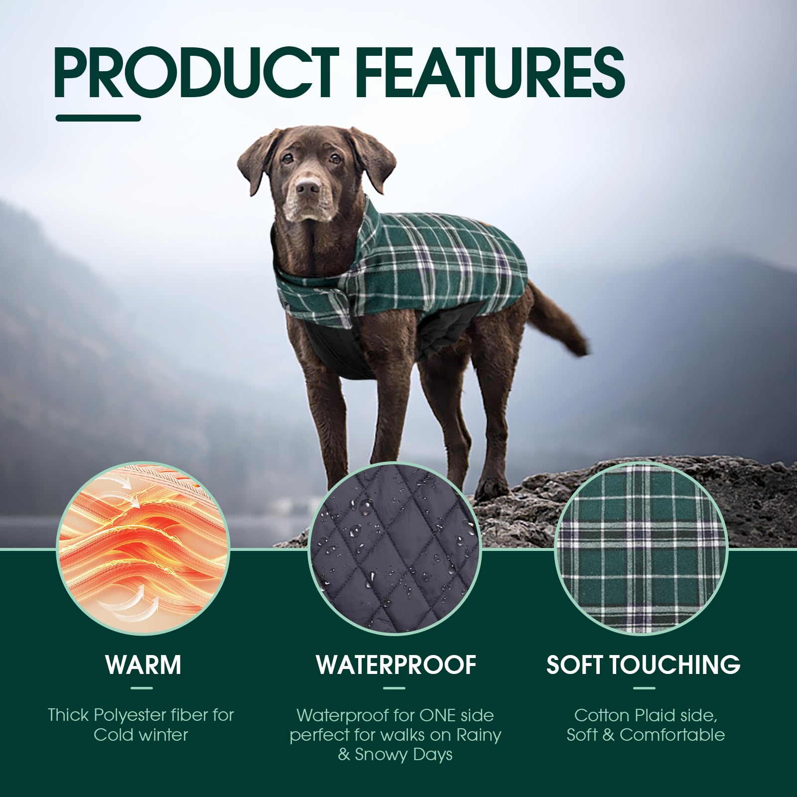 Kuoser Plaid Dog Vest Winter Coat, Waterproof & Windproof, Large (Green) - Reversible Jacket for Small to Large Dogs