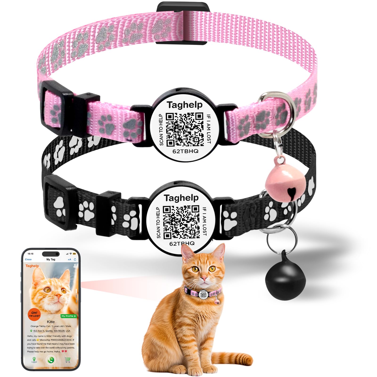 2 Pack Cat Collar Breakaway With Bell,Reflective Kitten Collar With Smart Id Tag,Adjustable 7-12In,Safety Buckle For Girl Boy Ca