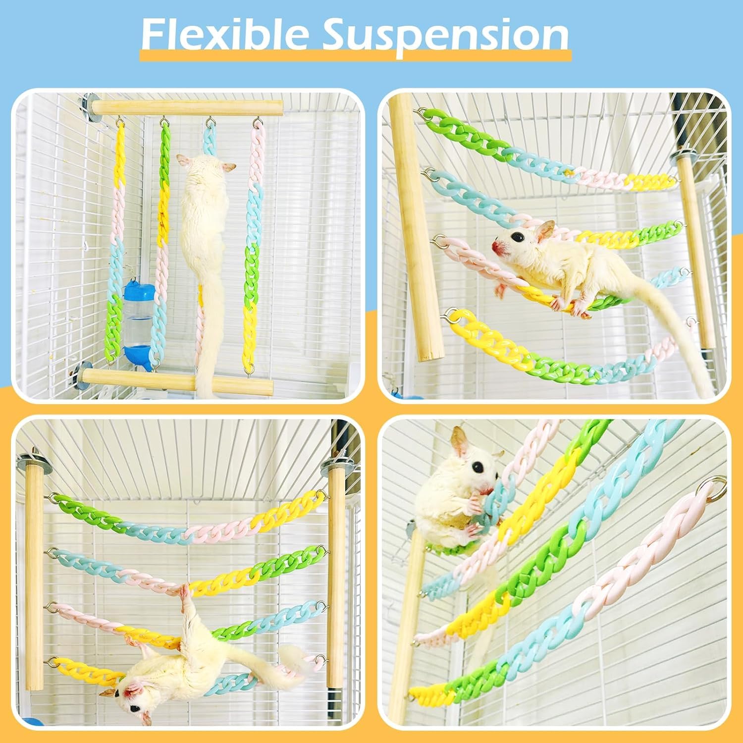 Jevnd Sugar Glider Climbing Toys, Natural Wood With Sturdy Colorful Chains Hanging Toys Sugar Glider Cage Accessories, Wobble-Fr