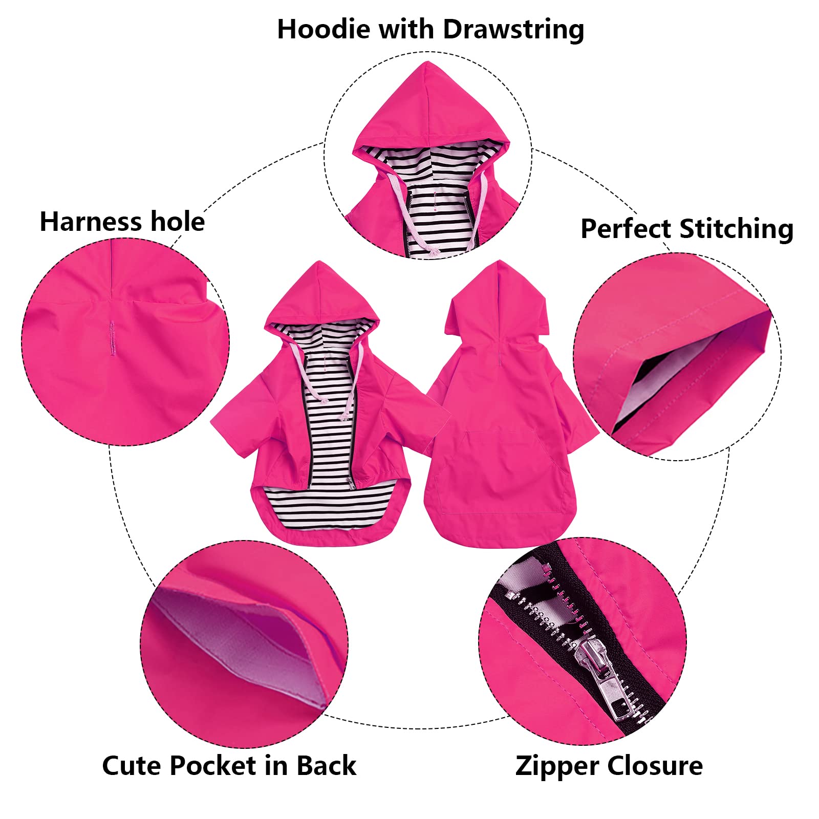 Dog Raincoat Waterproof Puppy Rain Jacket With Hood For Small Medium Dogs, Poncho With Reflective Strap, Storage Pocket And Harness Hole - Pink - M